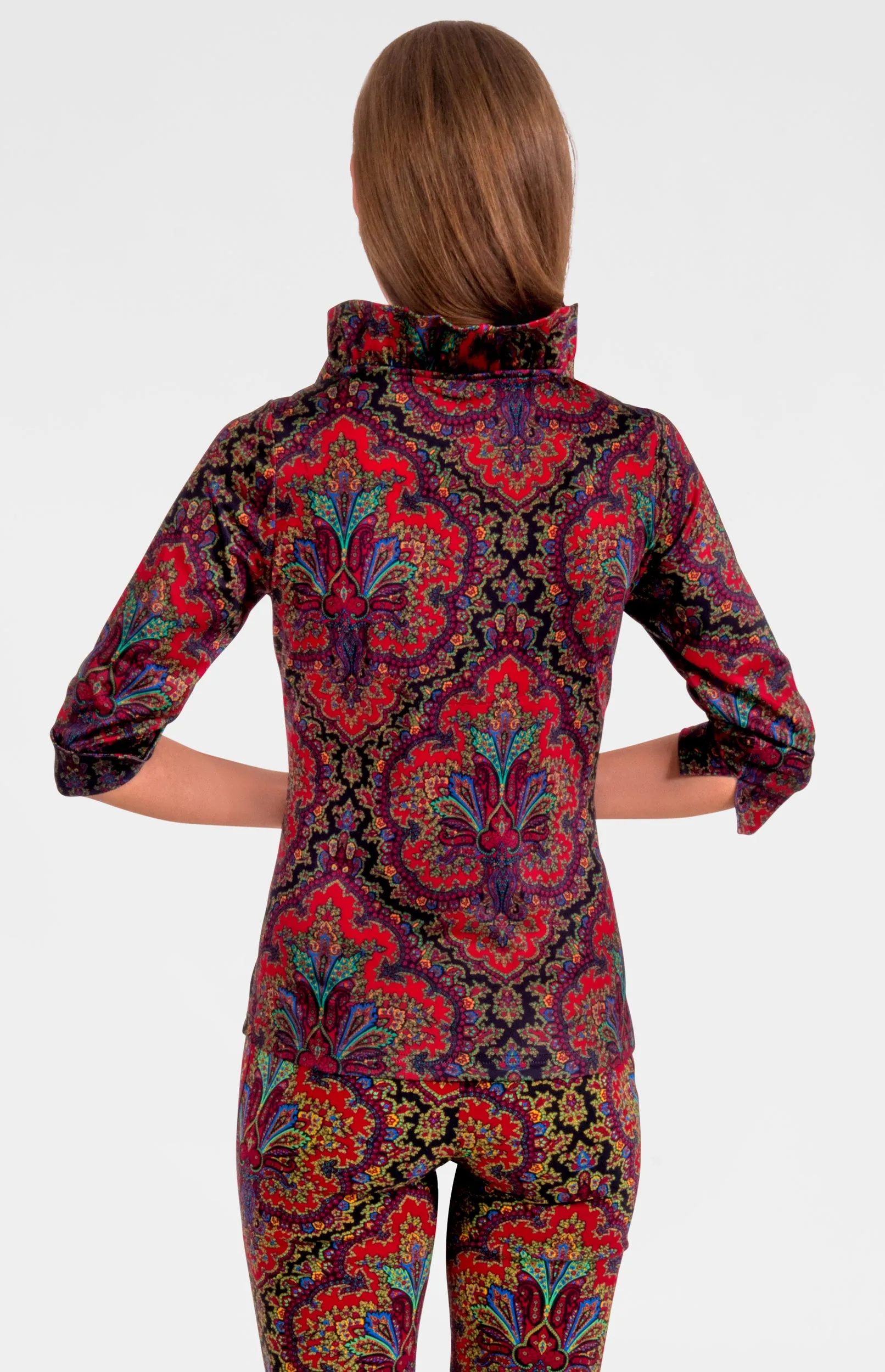 3/4 Sleeve Ruffneck Top - Passion Paisley date night