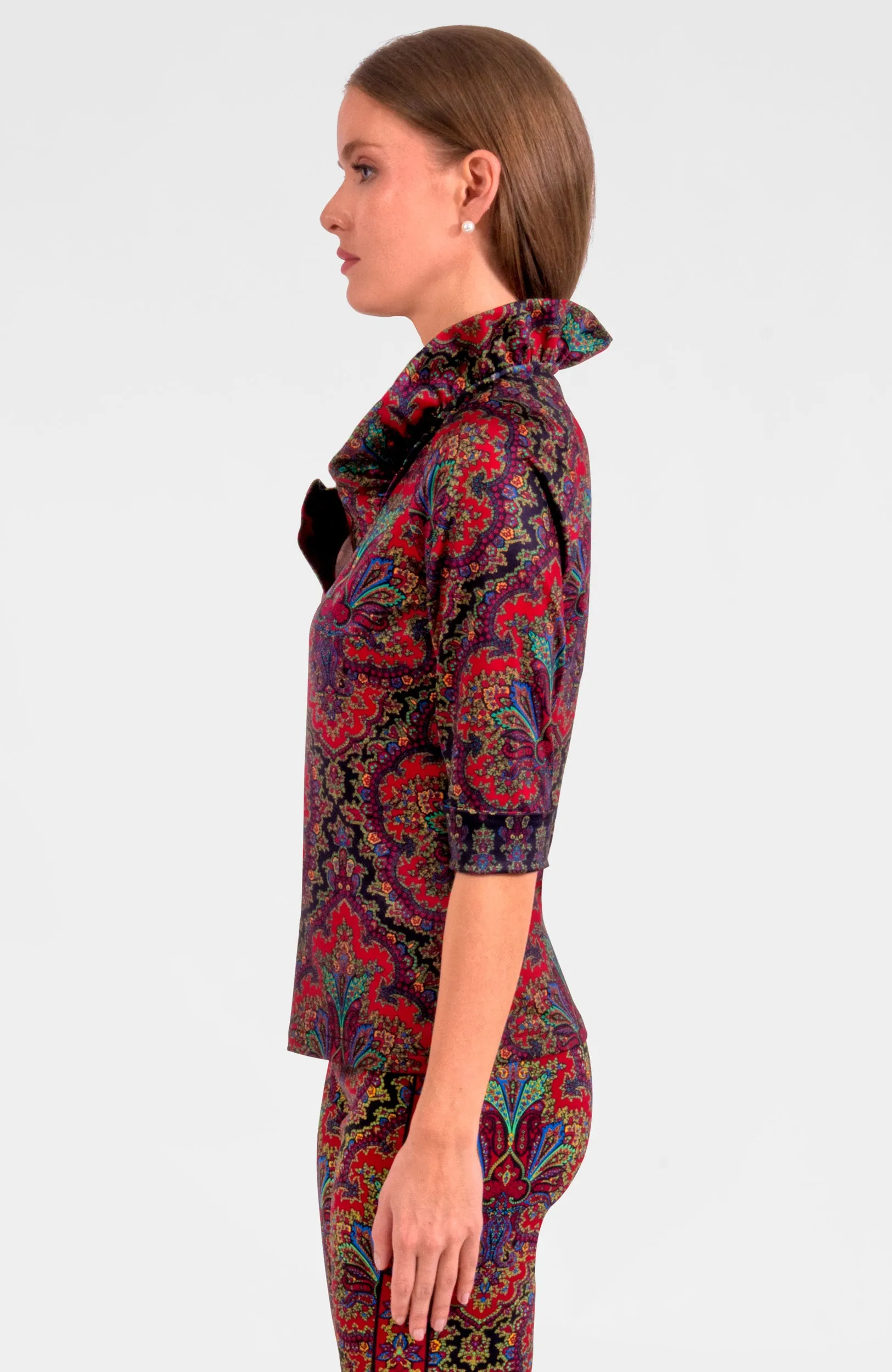 3/4 Sleeve Ruffneck Top - Passion Paisley date night