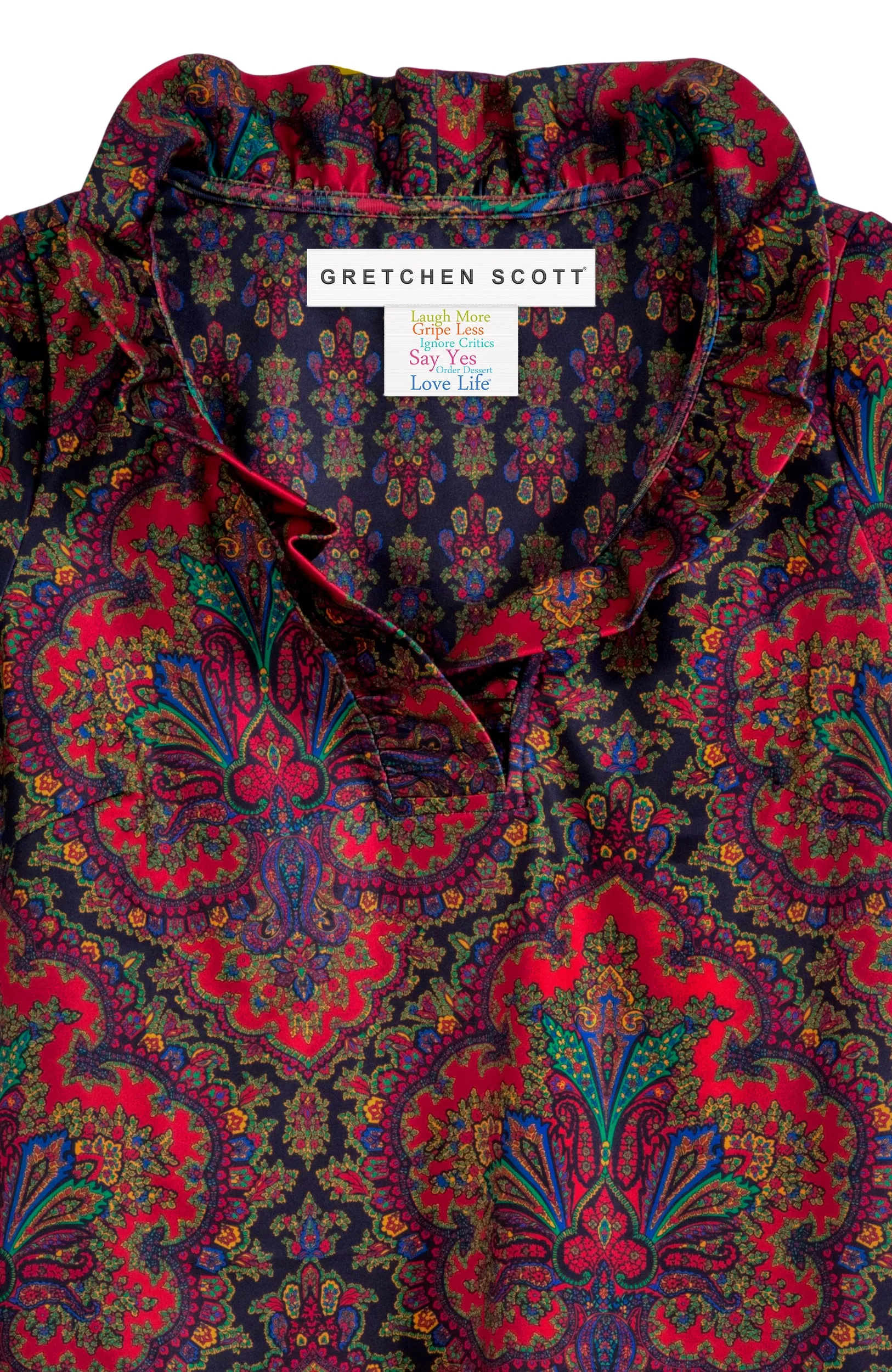 3/4 Sleeve Ruffneck Top - Passion Paisley date night