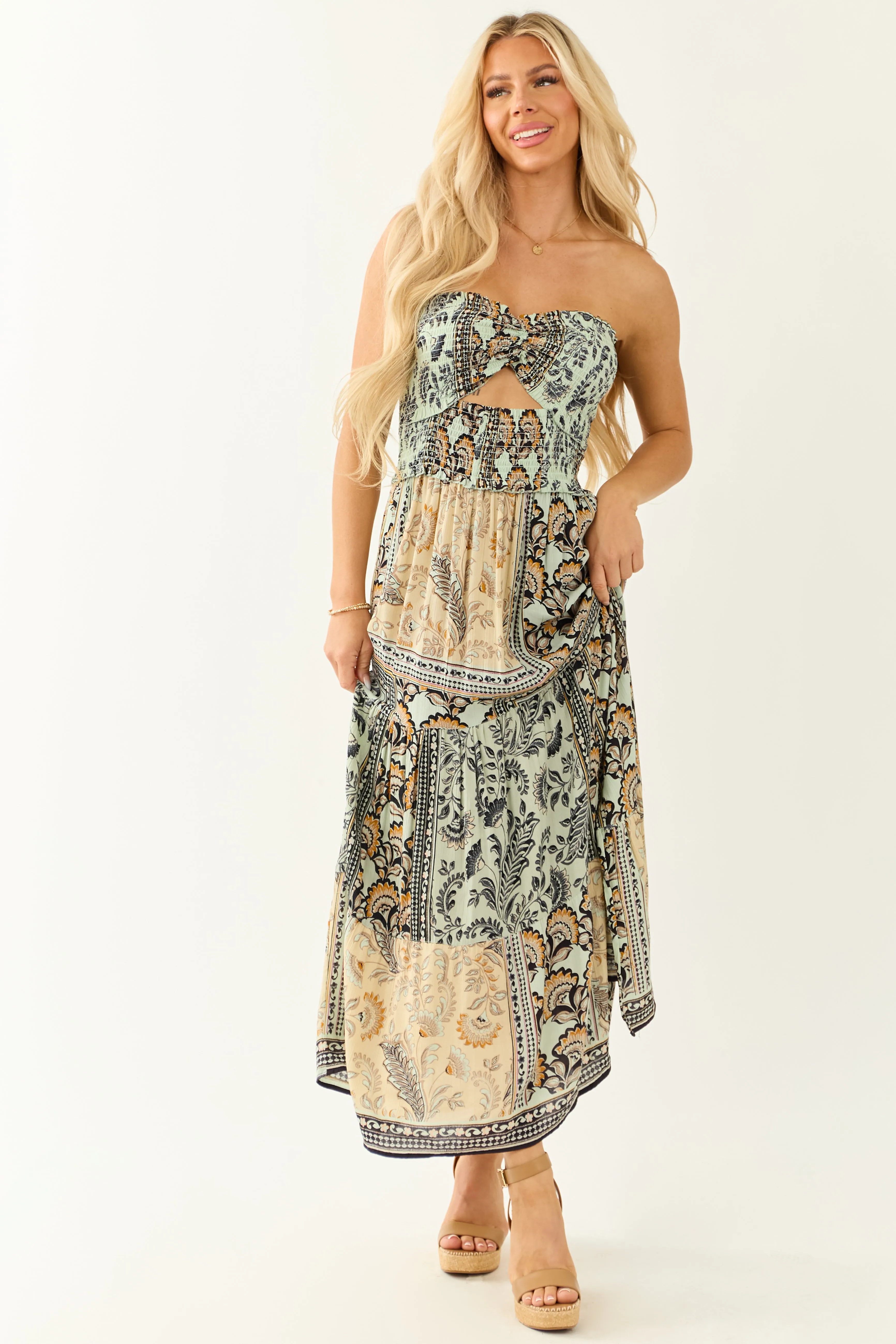 Almond Abstract Print Strapless Smocked Maxi Dress A-line dress