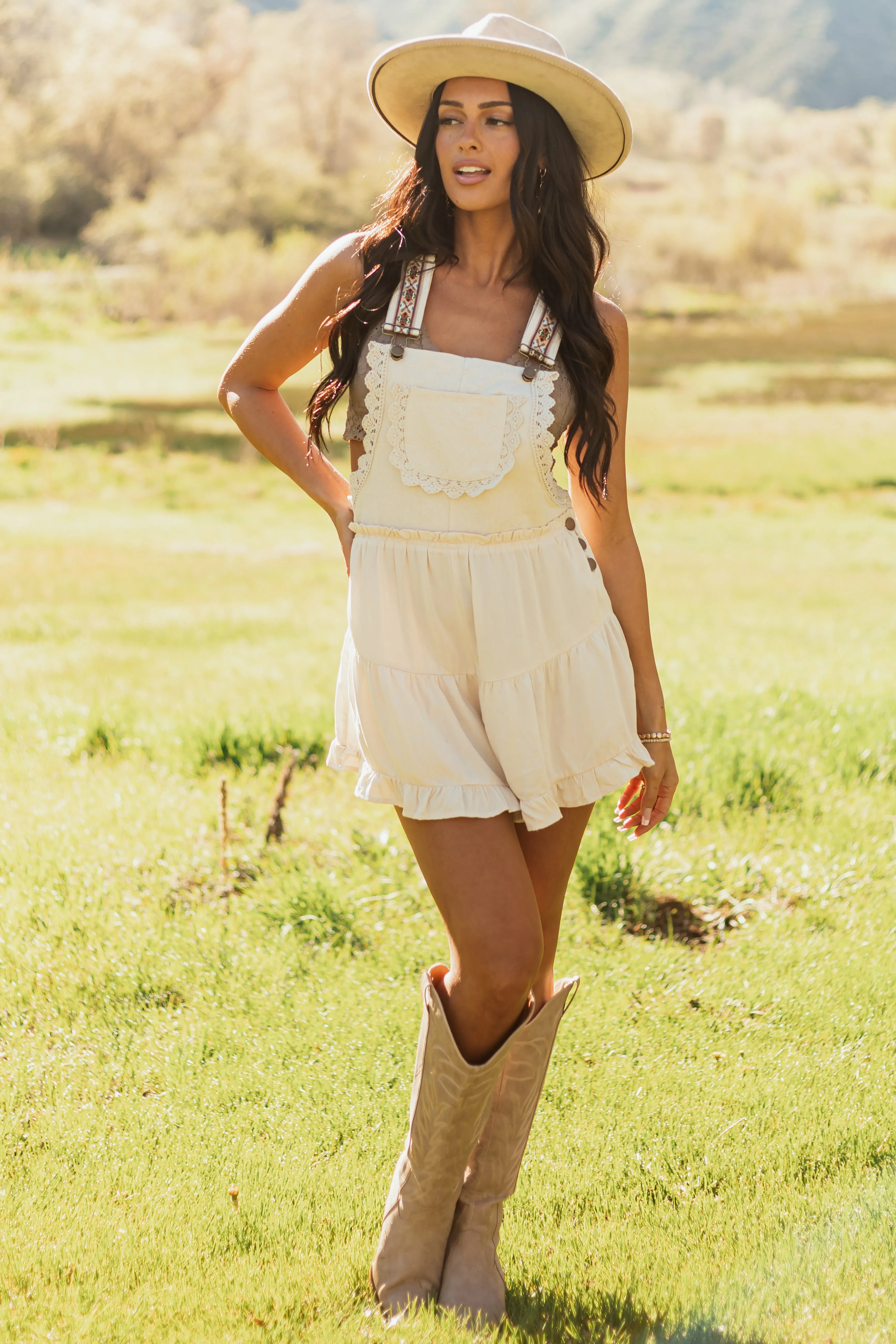 Almond Lace Trim Tiered Cotton Overalls Romper loose fit