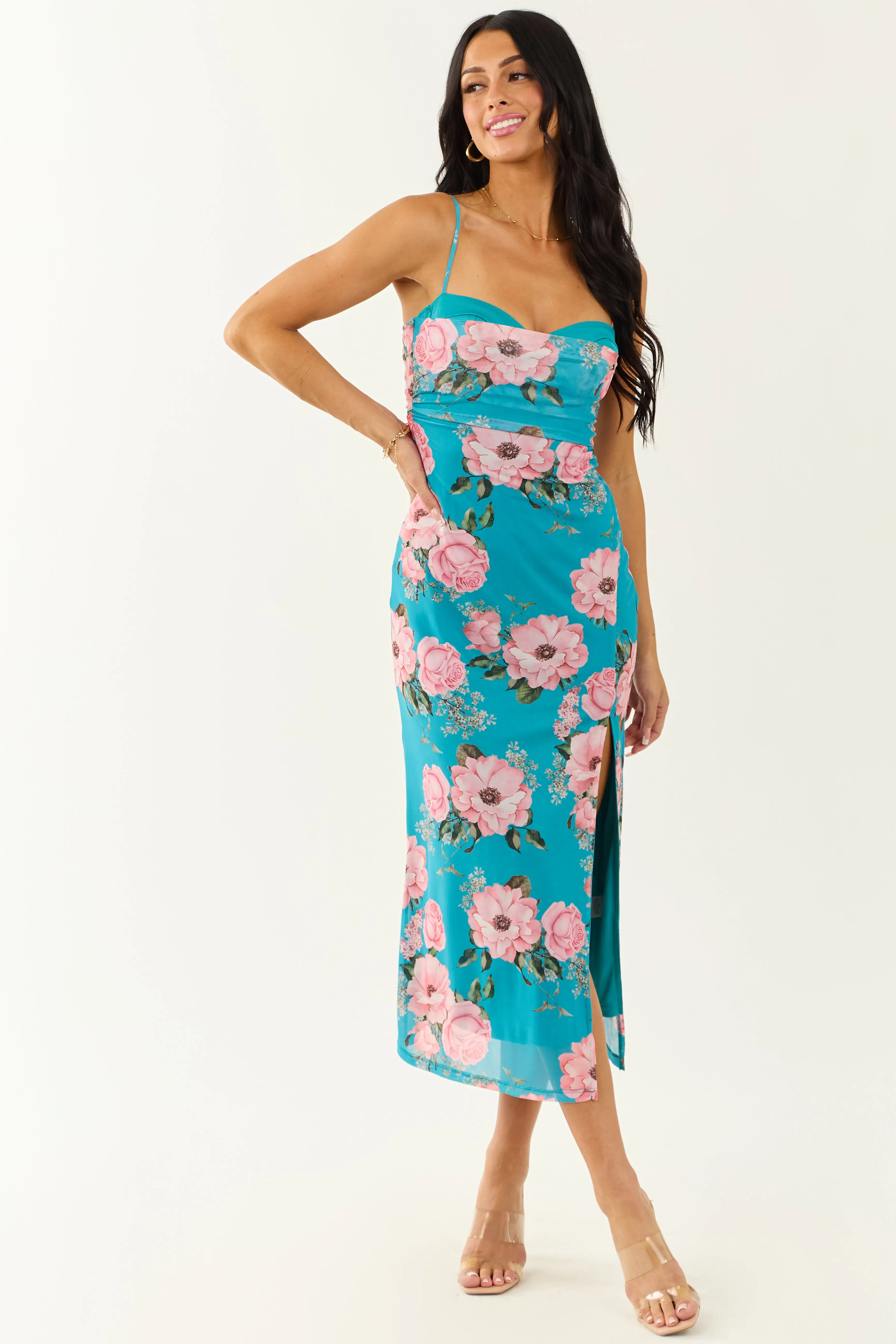 Azure Floral Print Mesh Sleeveless Midi Dress embroidered dress