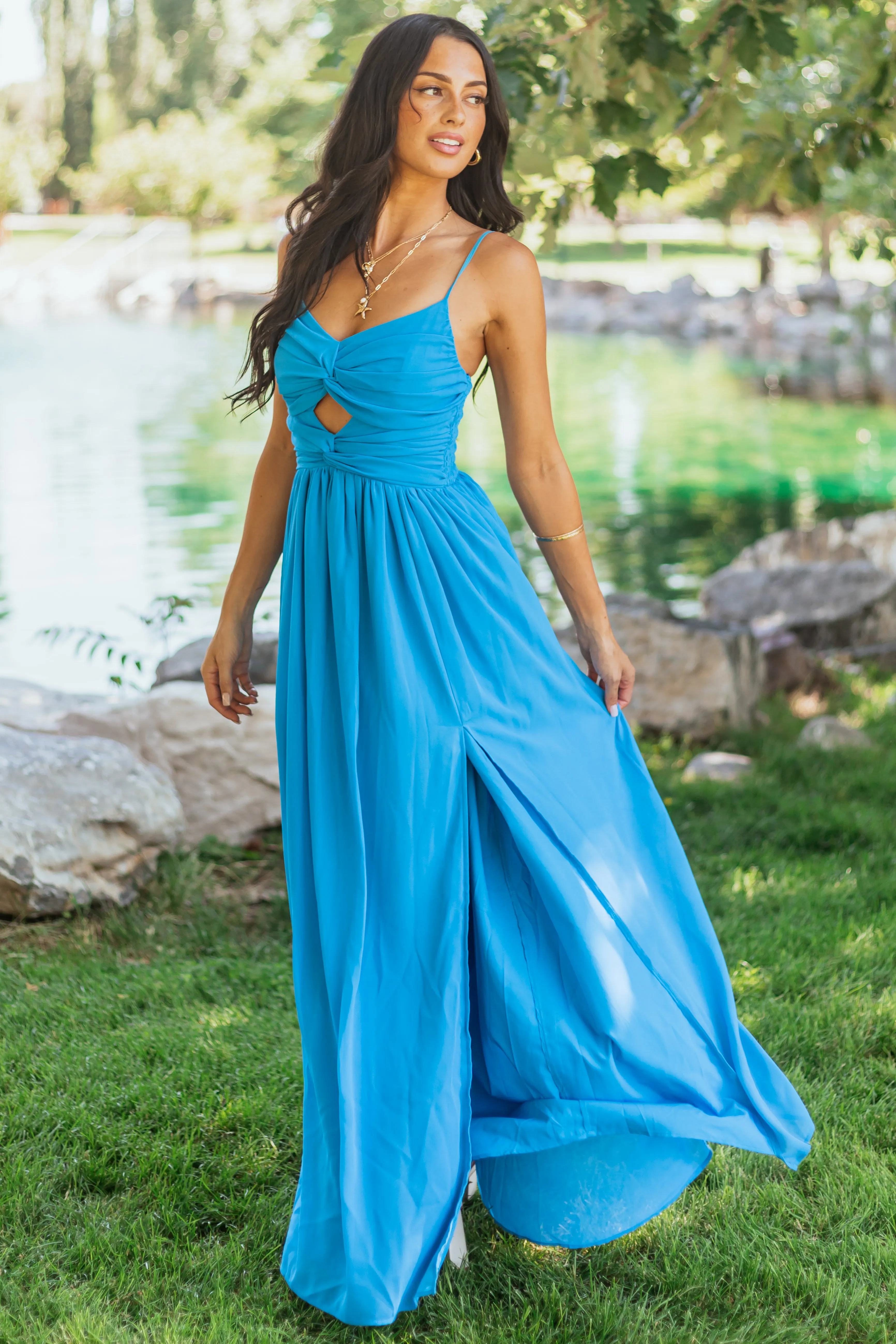 Azure Flowy Chiffon Front Twist Maxi Dress low back