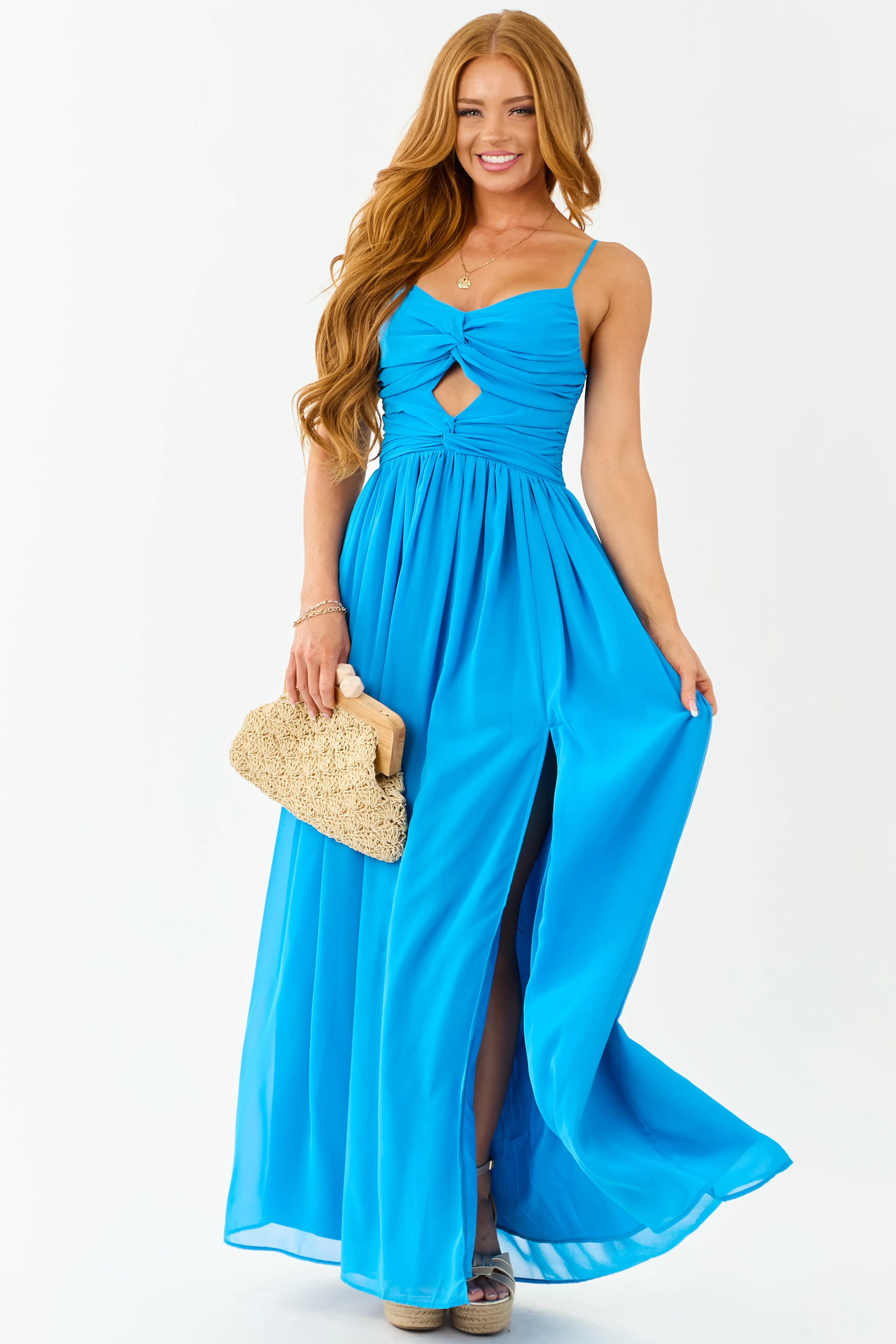 Azure Flowy Chiffon Front Twist Maxi Dress low back