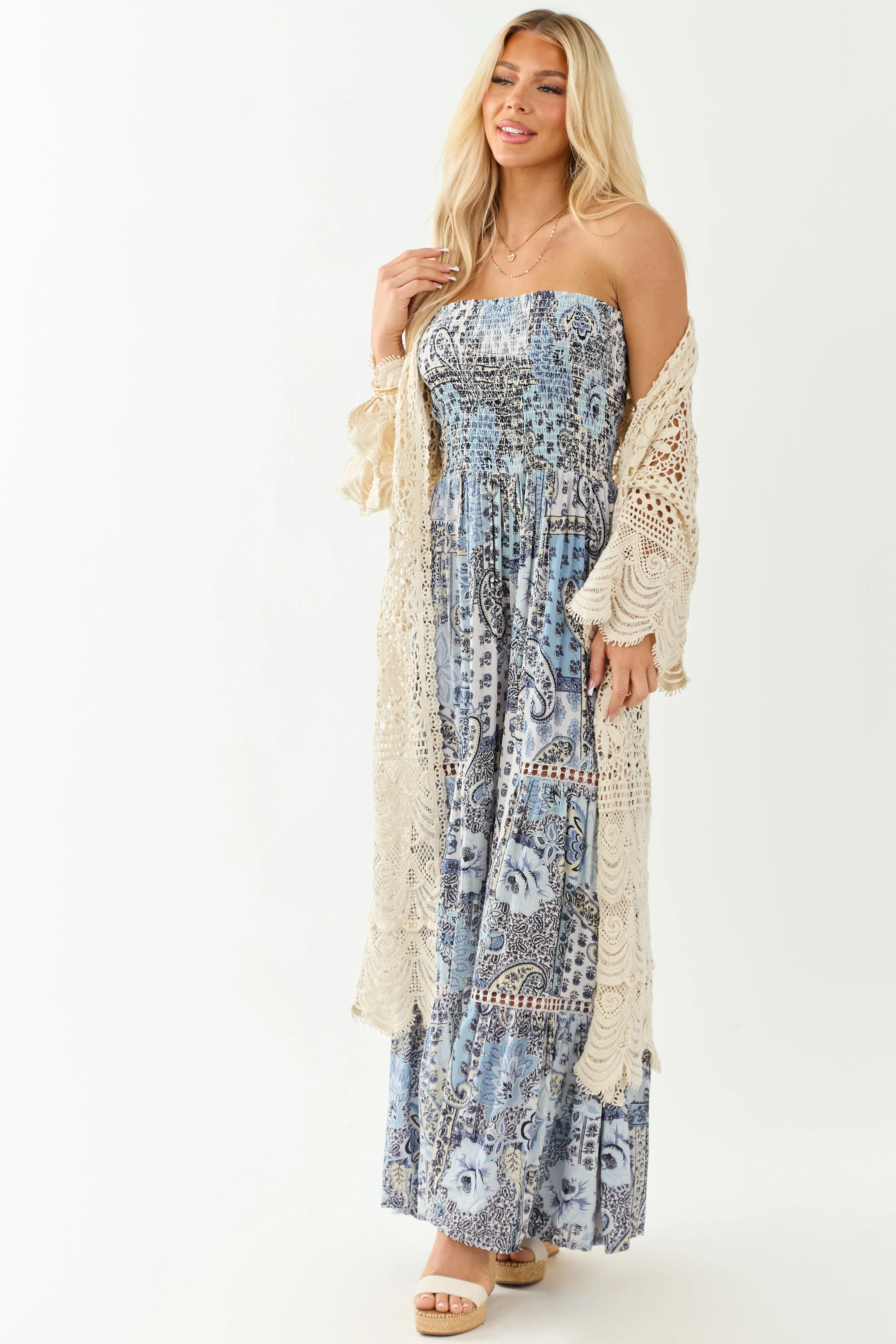 Baby Blue Paisley Print Strapless Smocked Jumpsuit asymmetrical hem