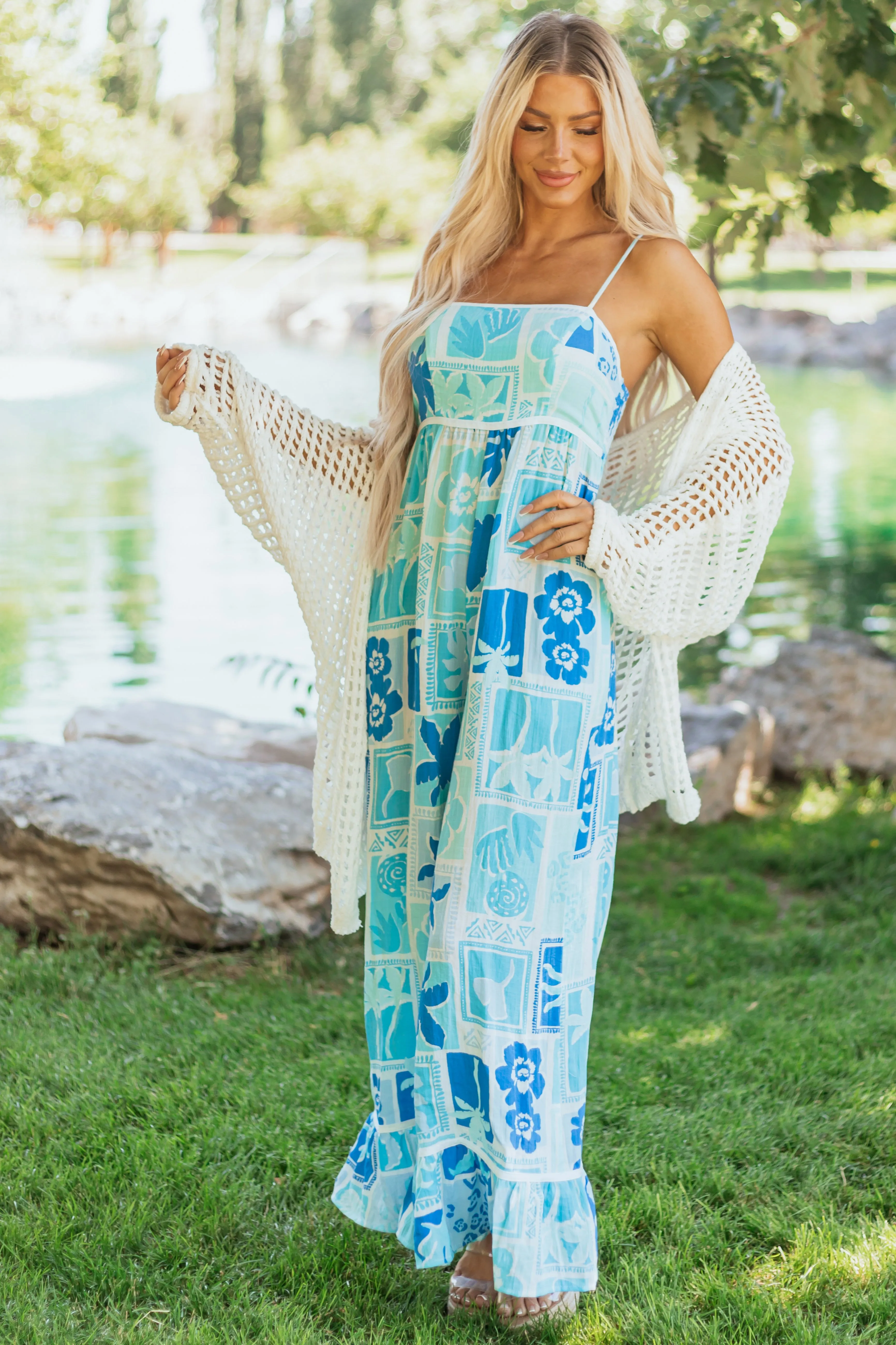 Baby Blue Tropical Print Wide Leg Jumpsuit V-neck