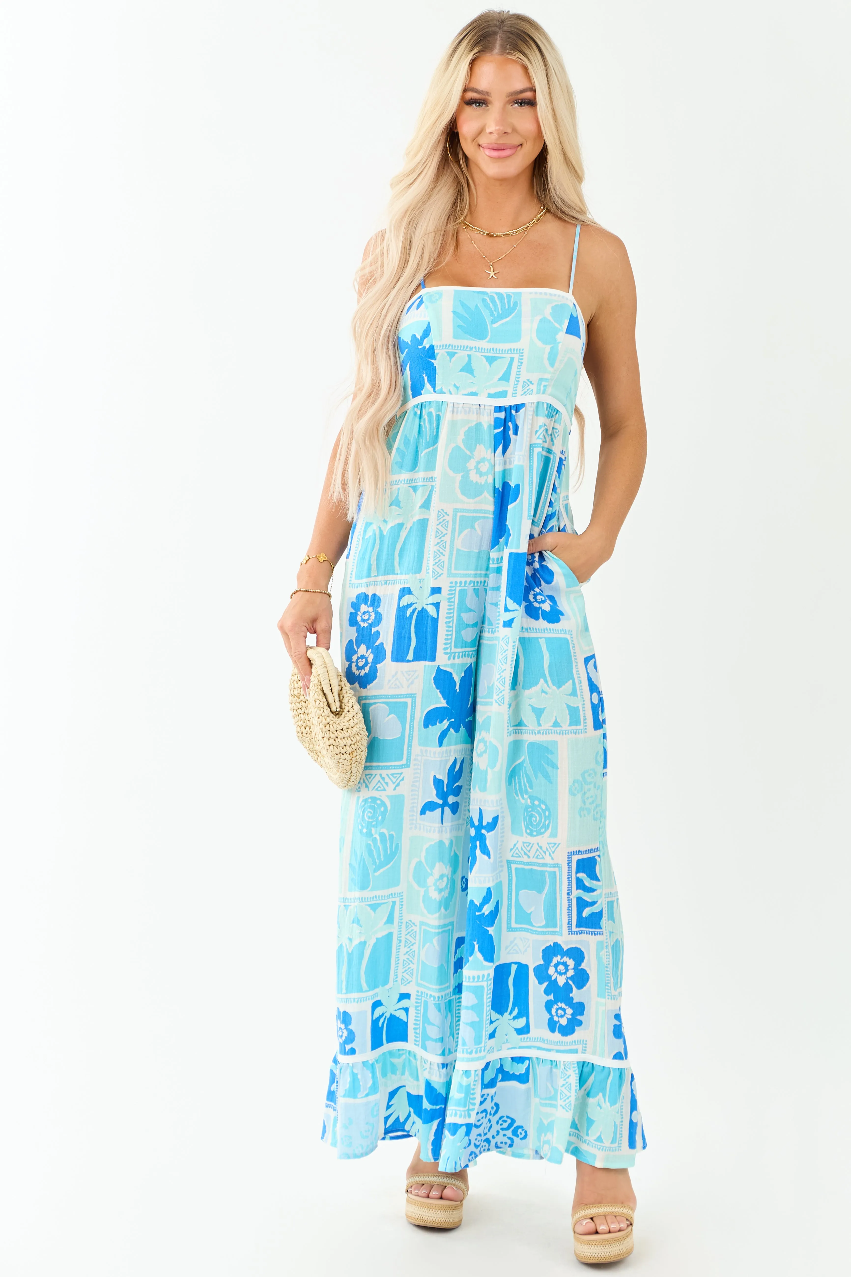 Baby Blue Tropical Print Wide Leg Jumpsuit V-neck