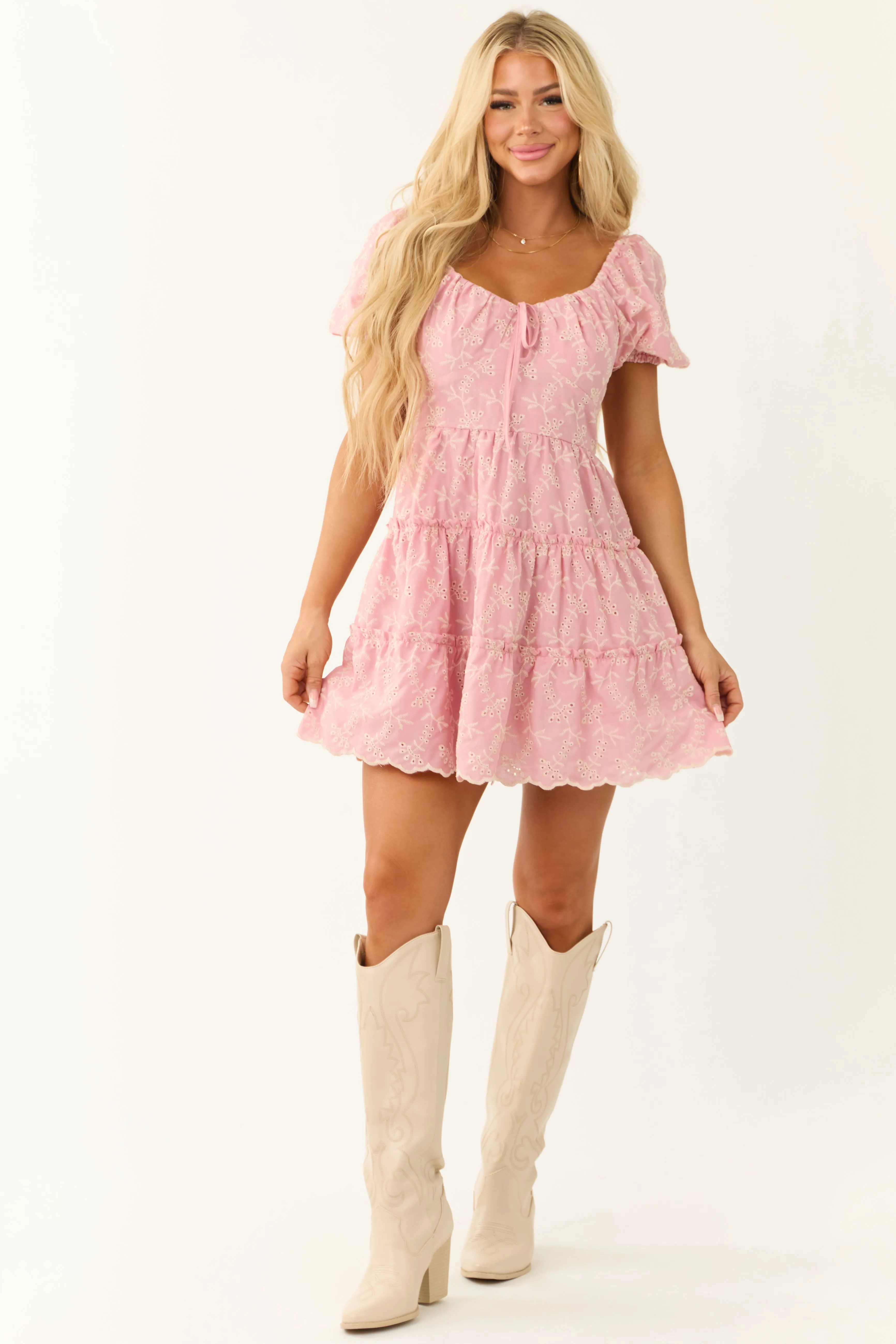 Baby Pink Tiered Eyelet Floral Pattern Mini Dress trendy style