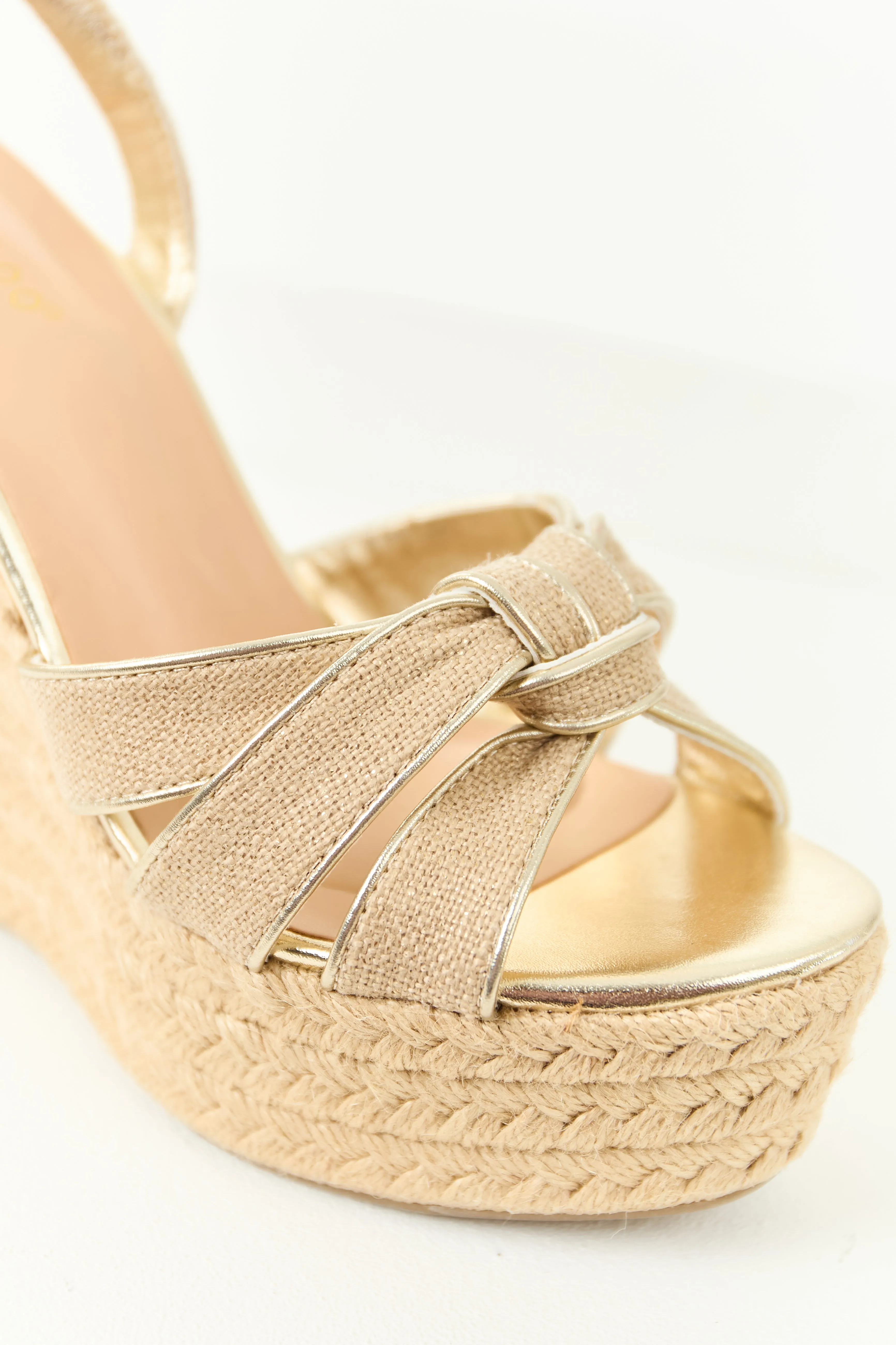 Beige and Gold Raffia Knot Strap Espadrille Wedges bold choice