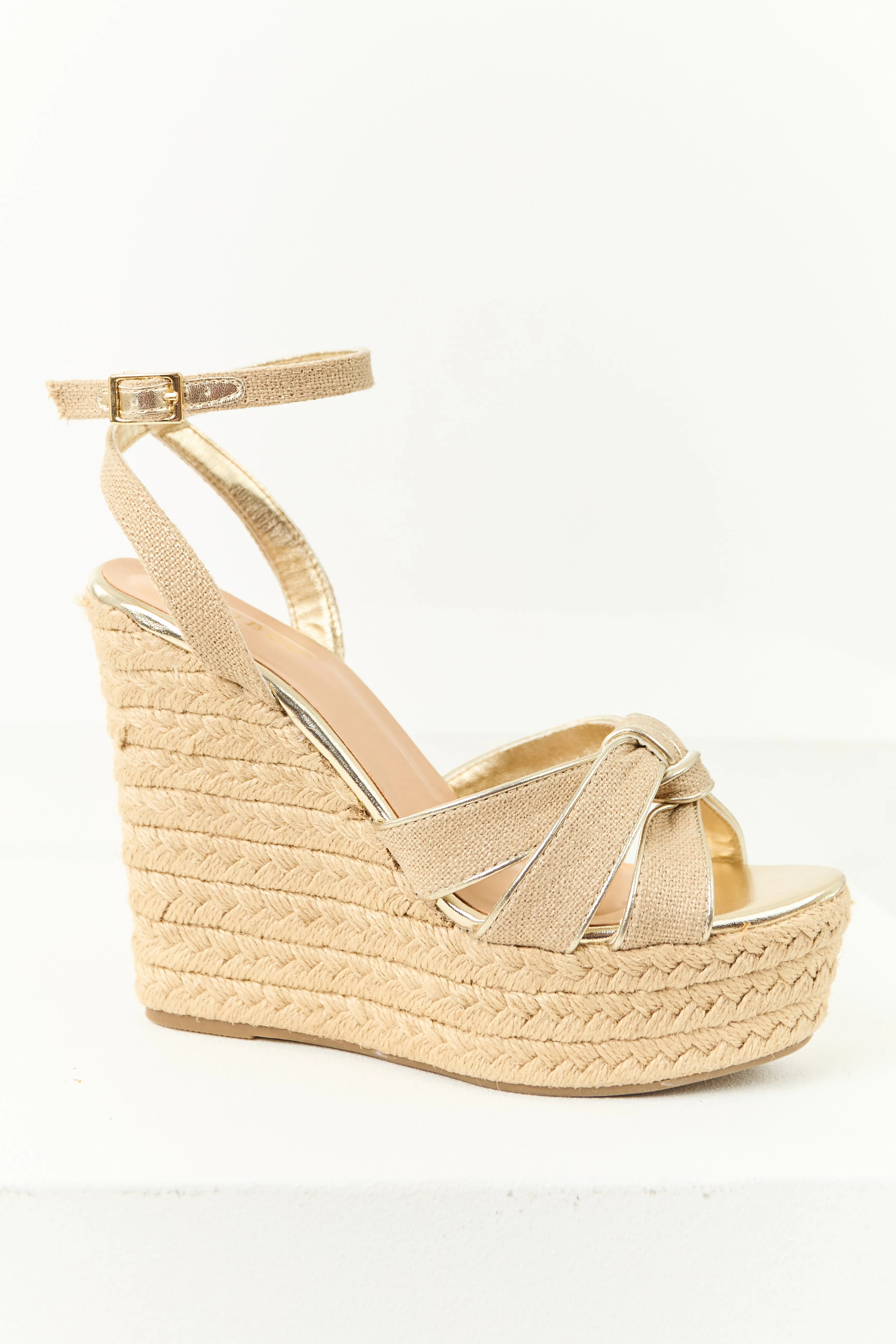 Beige and Gold Raffia Knot Strap Espadrille Wedges bold choice