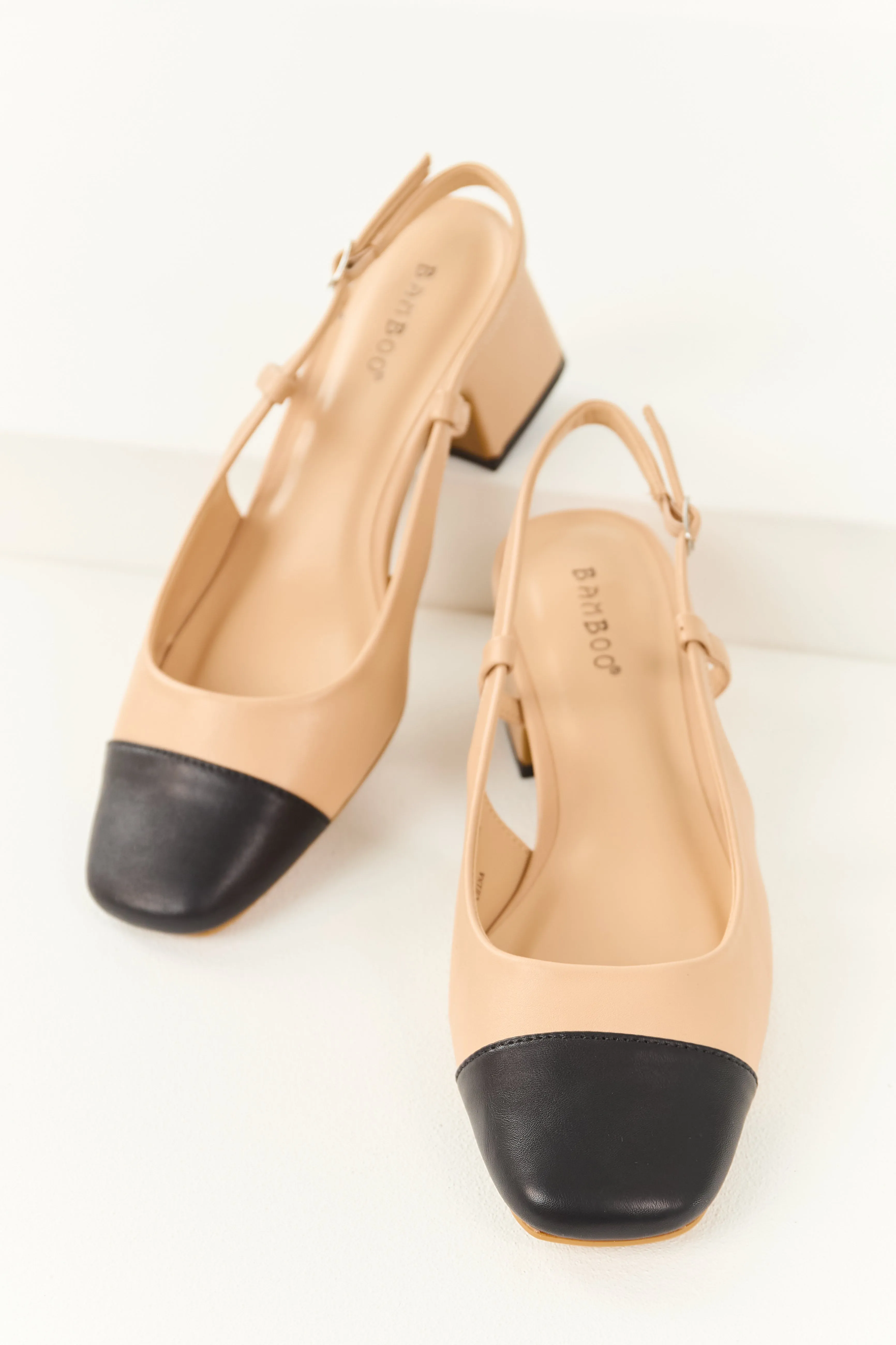 Beige Contrast Square Toe Faux Leather Heels iconic touch