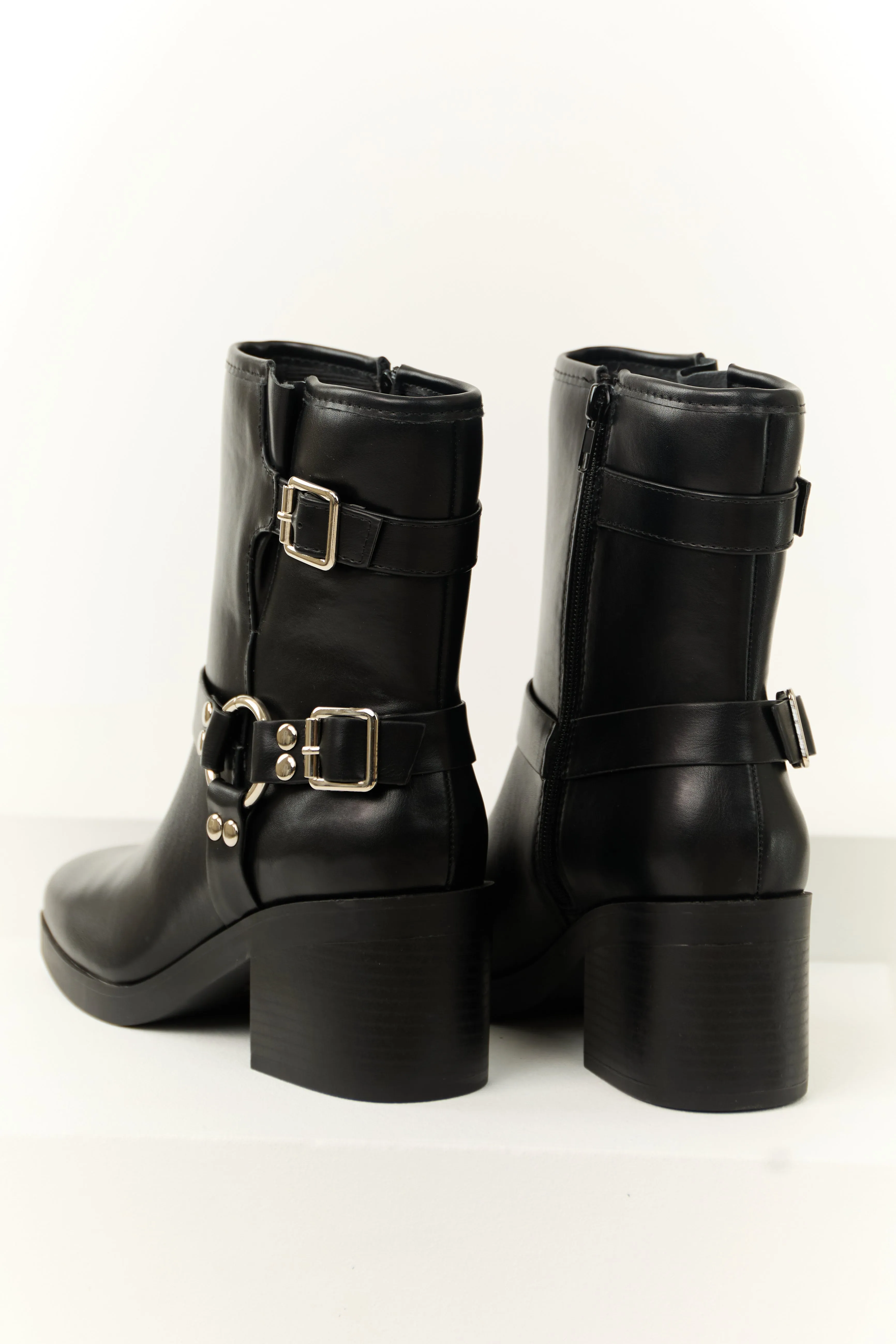 Black Buckle Strap Chunky Heel Booties urban gear