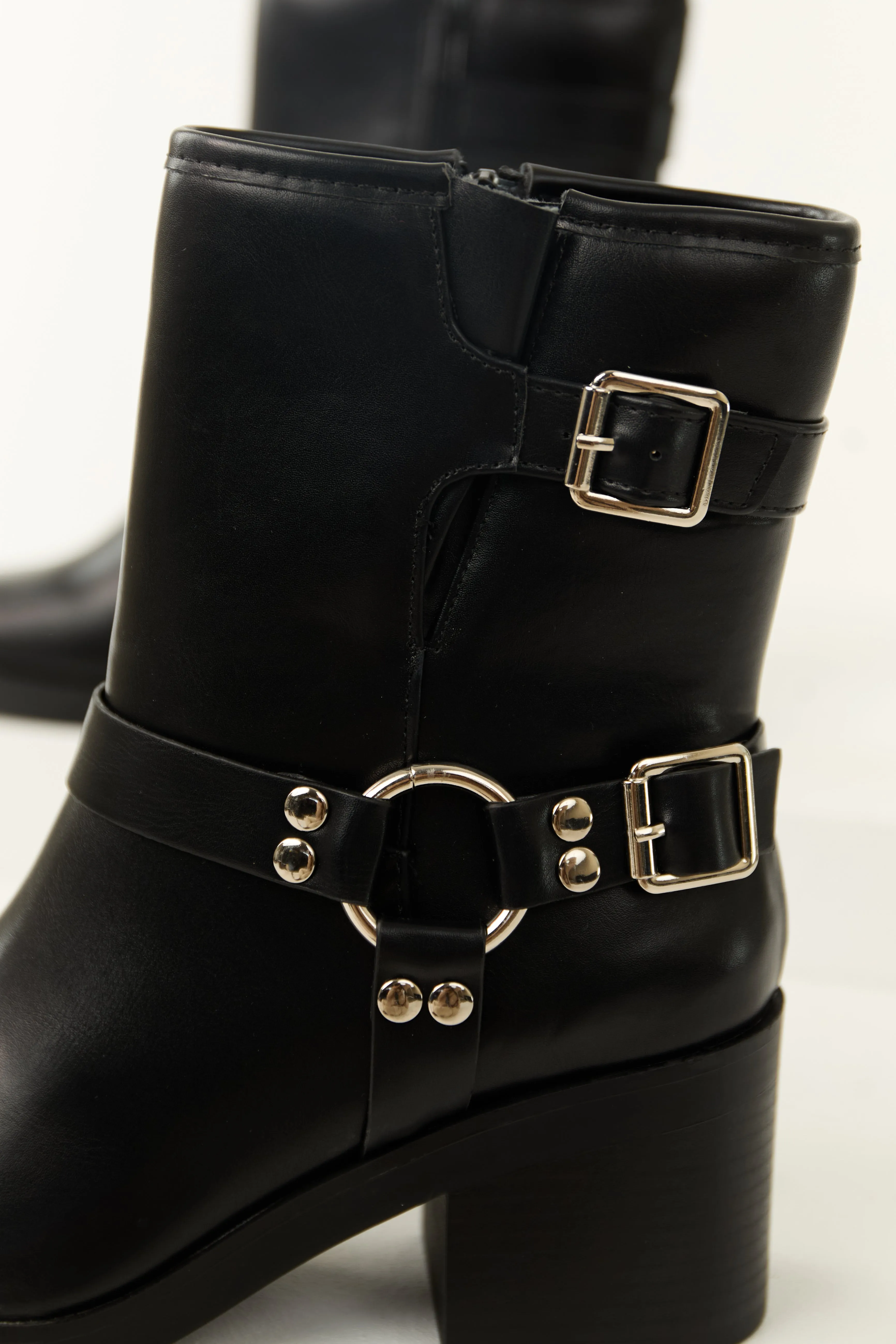 Black Buckle Strap Chunky Heel Booties urban gear
