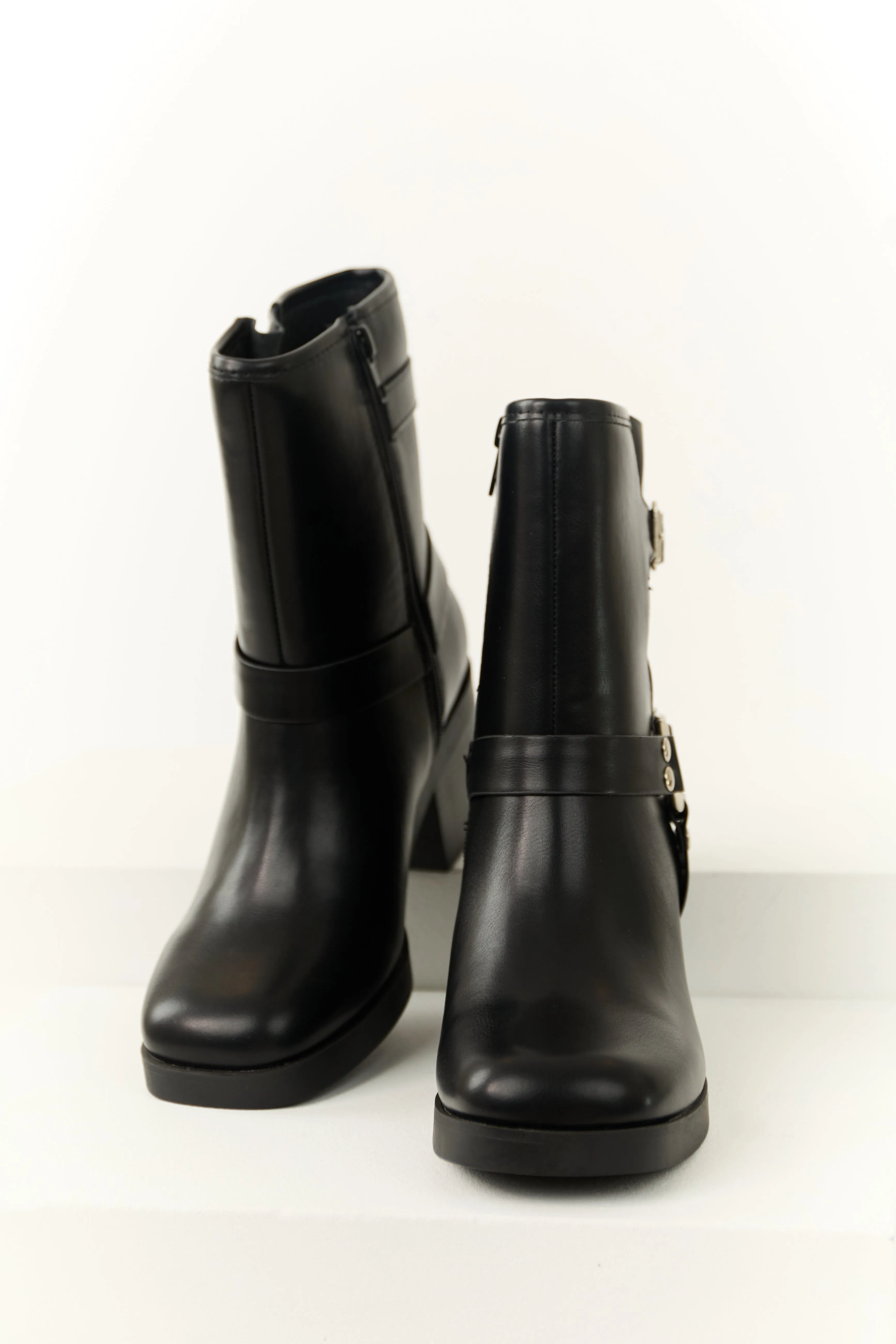 Black Buckle Strap Chunky Heel Booties urban gear