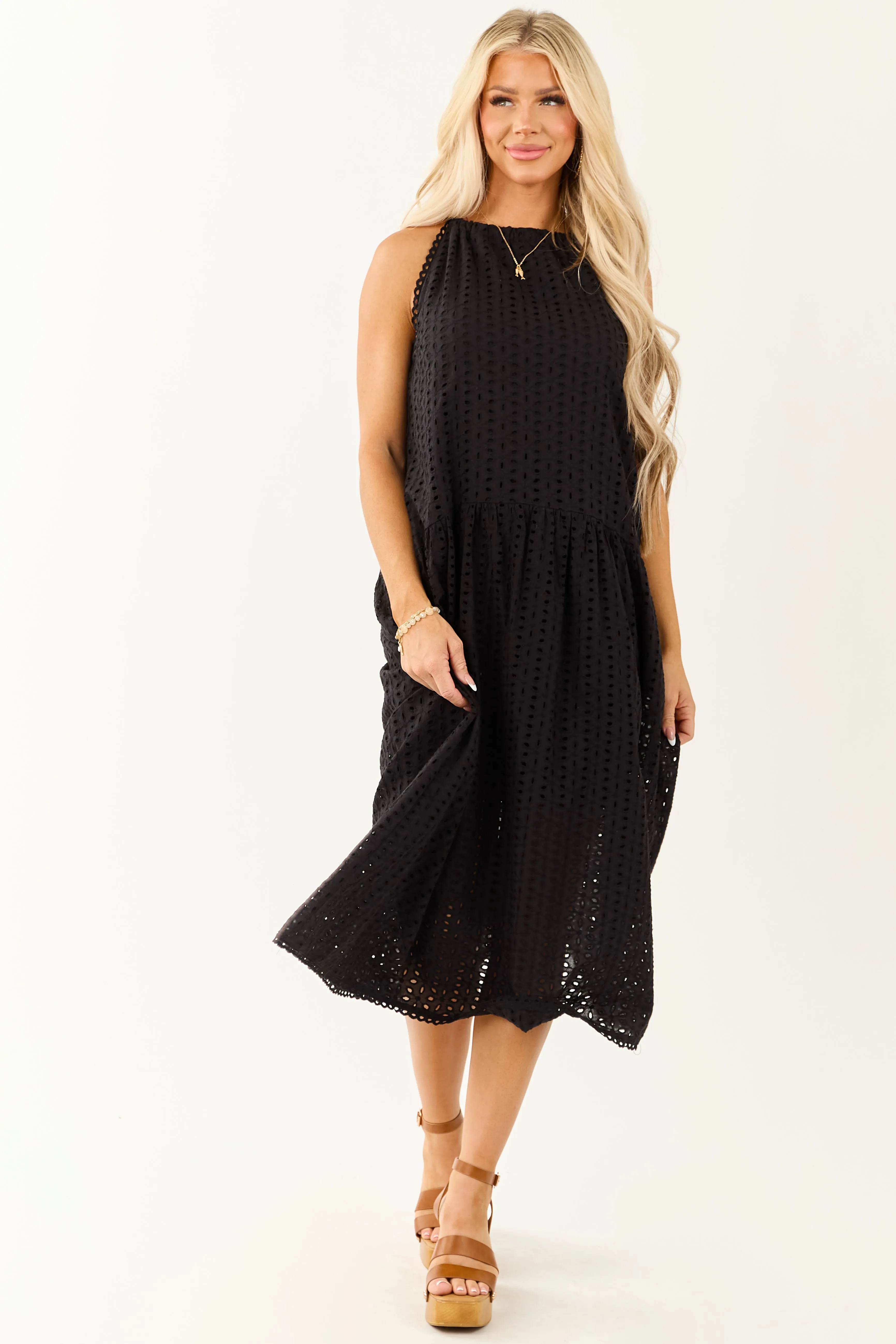 Black Eyelet Halter Tent Style Cotton Midi Dress bridal gown