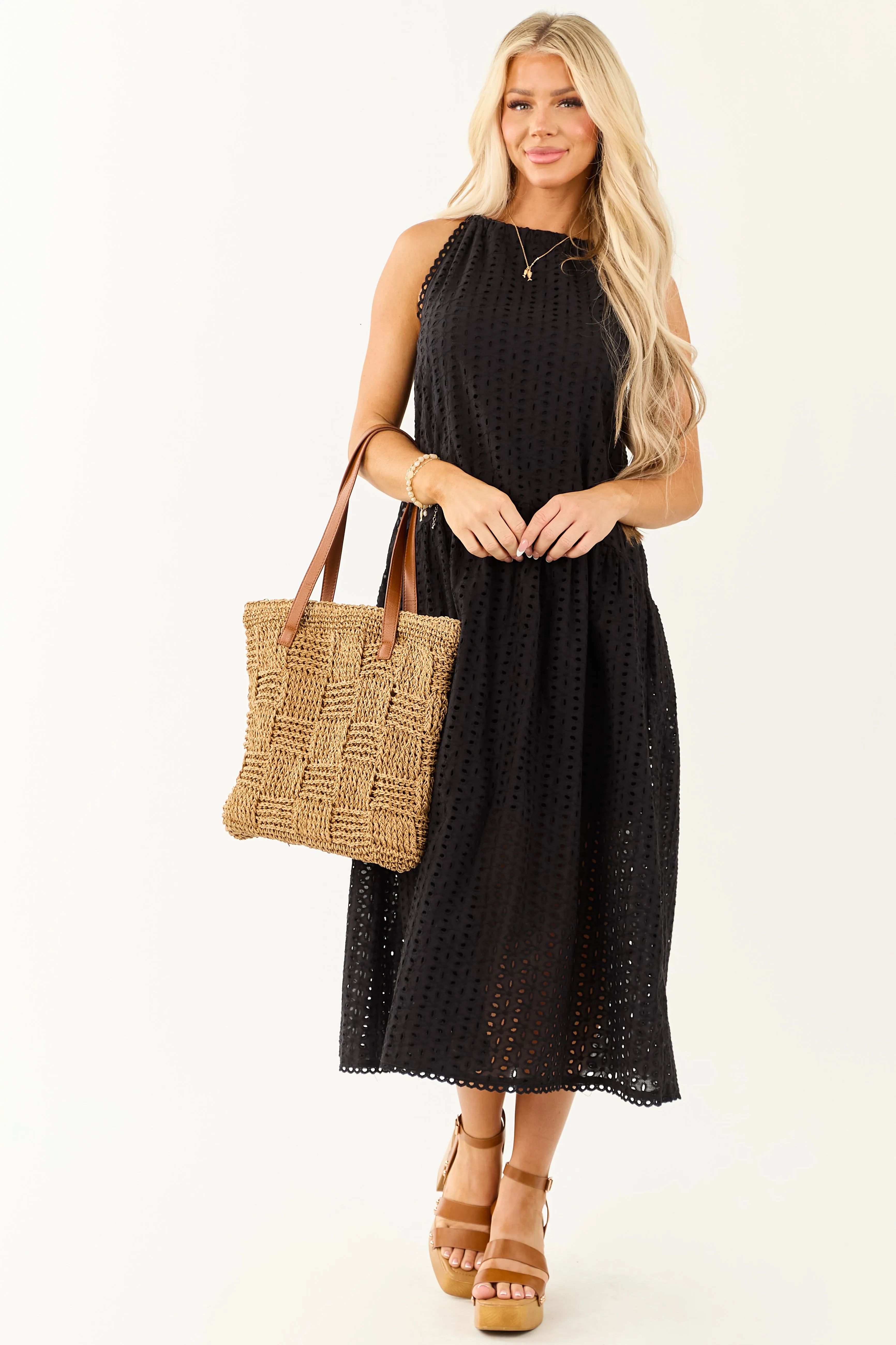 Black Eyelet Halter Tent Style Cotton Midi Dress bridal gown