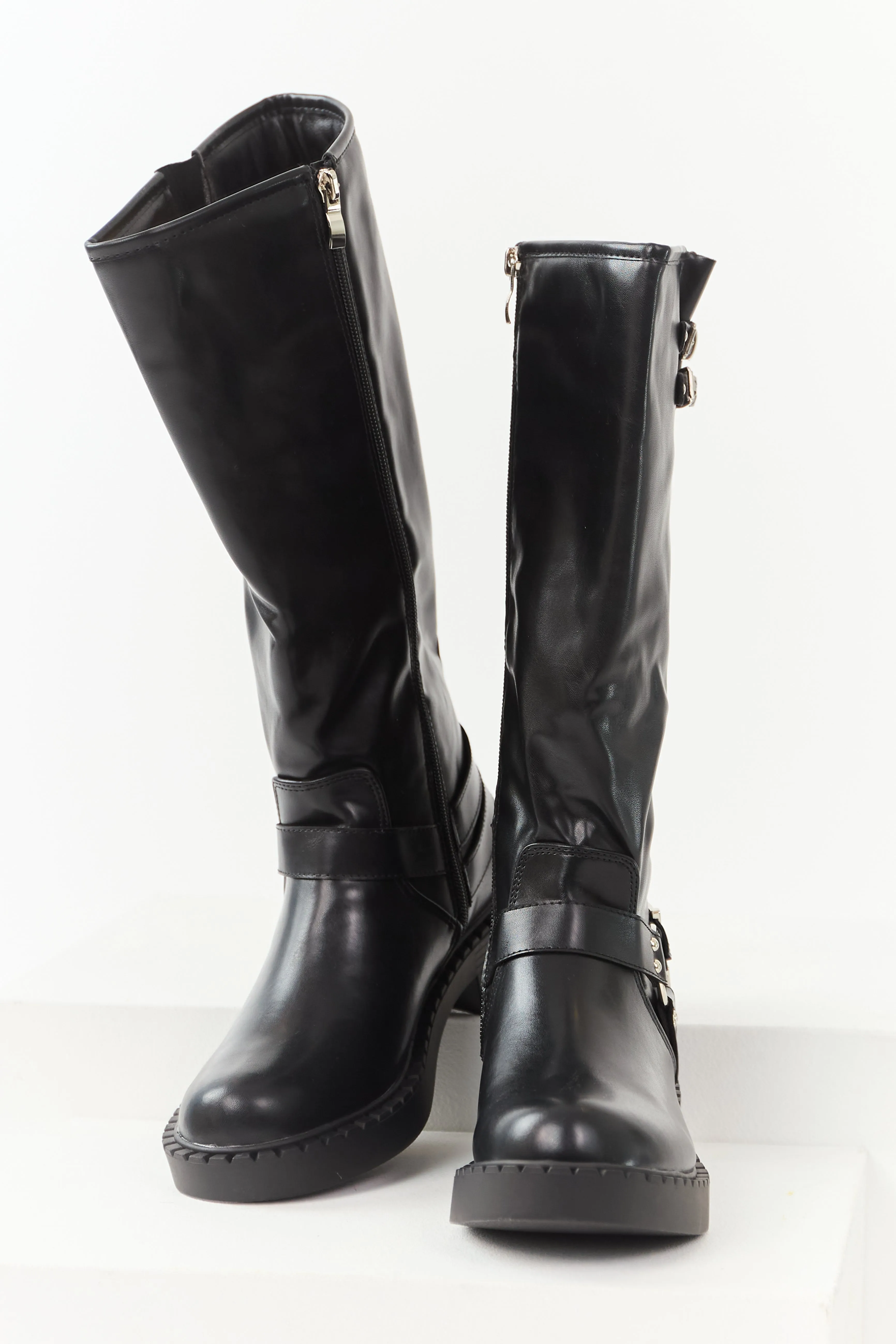 Black Faux Leather Buckle Detail Tall Boots alpine fit