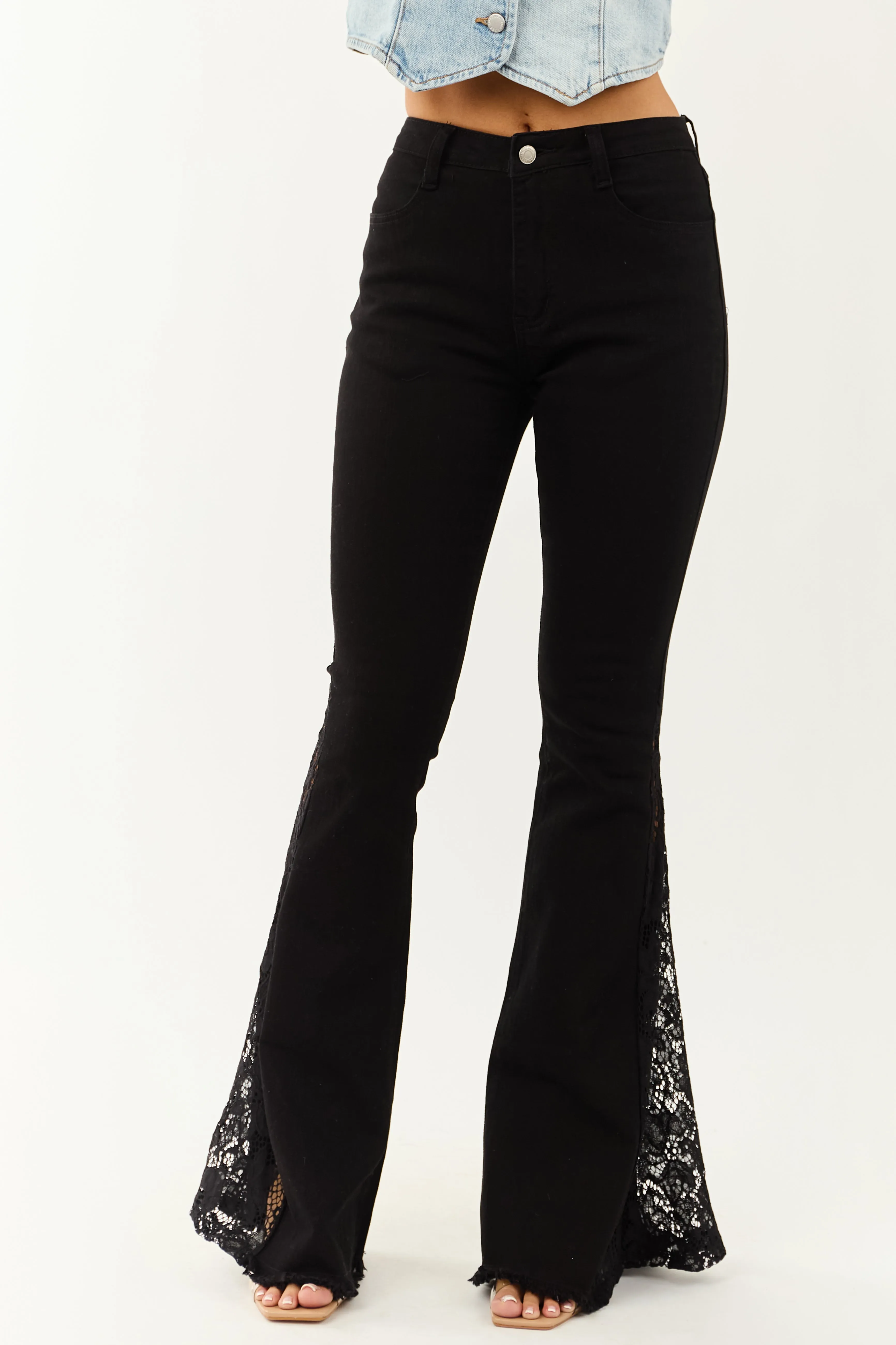 Black Lace Contrast Stretchy Flare Leg Jeans soft shift