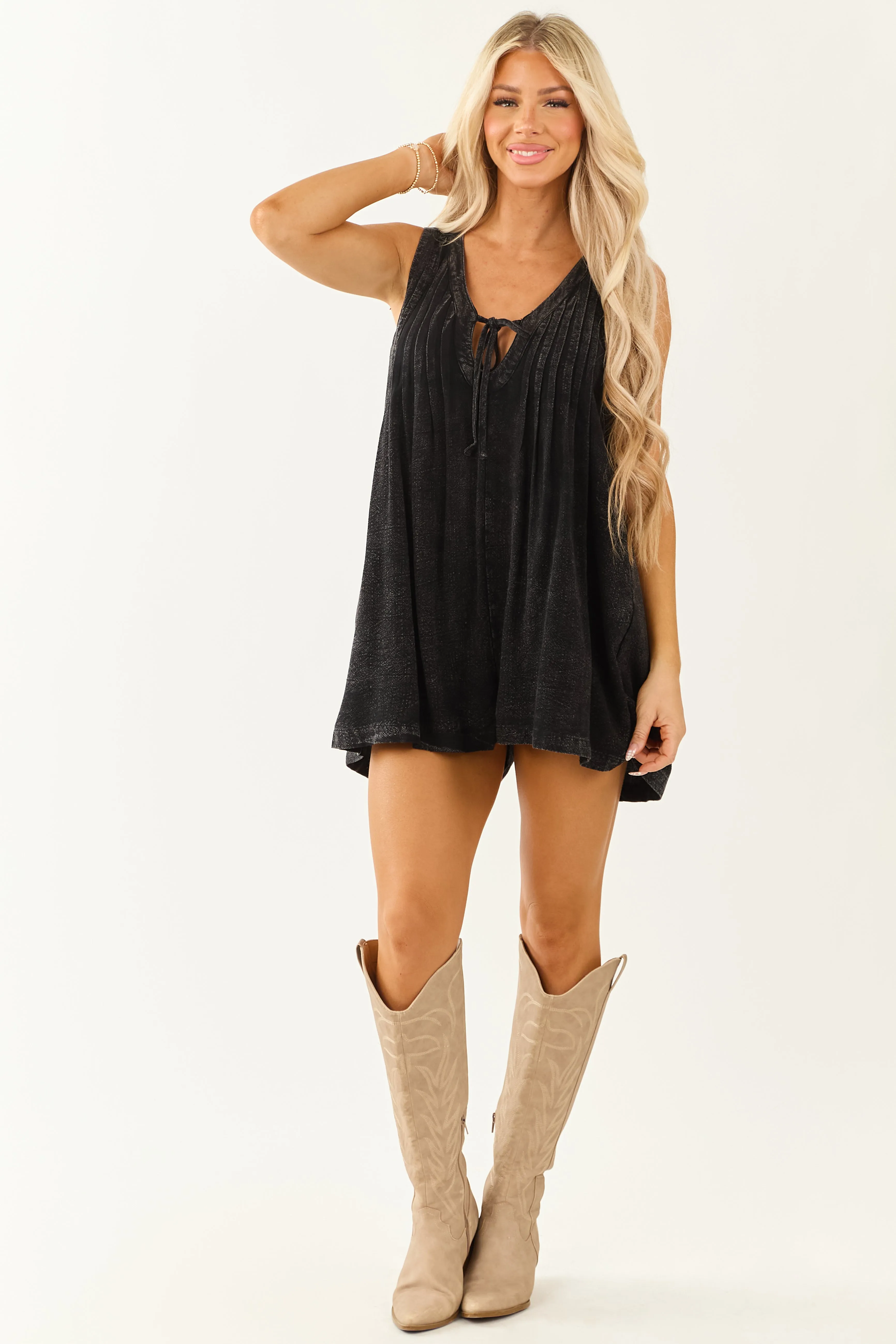 Black Mineral Washed Pintuck Wide Leg Romper metallic finish