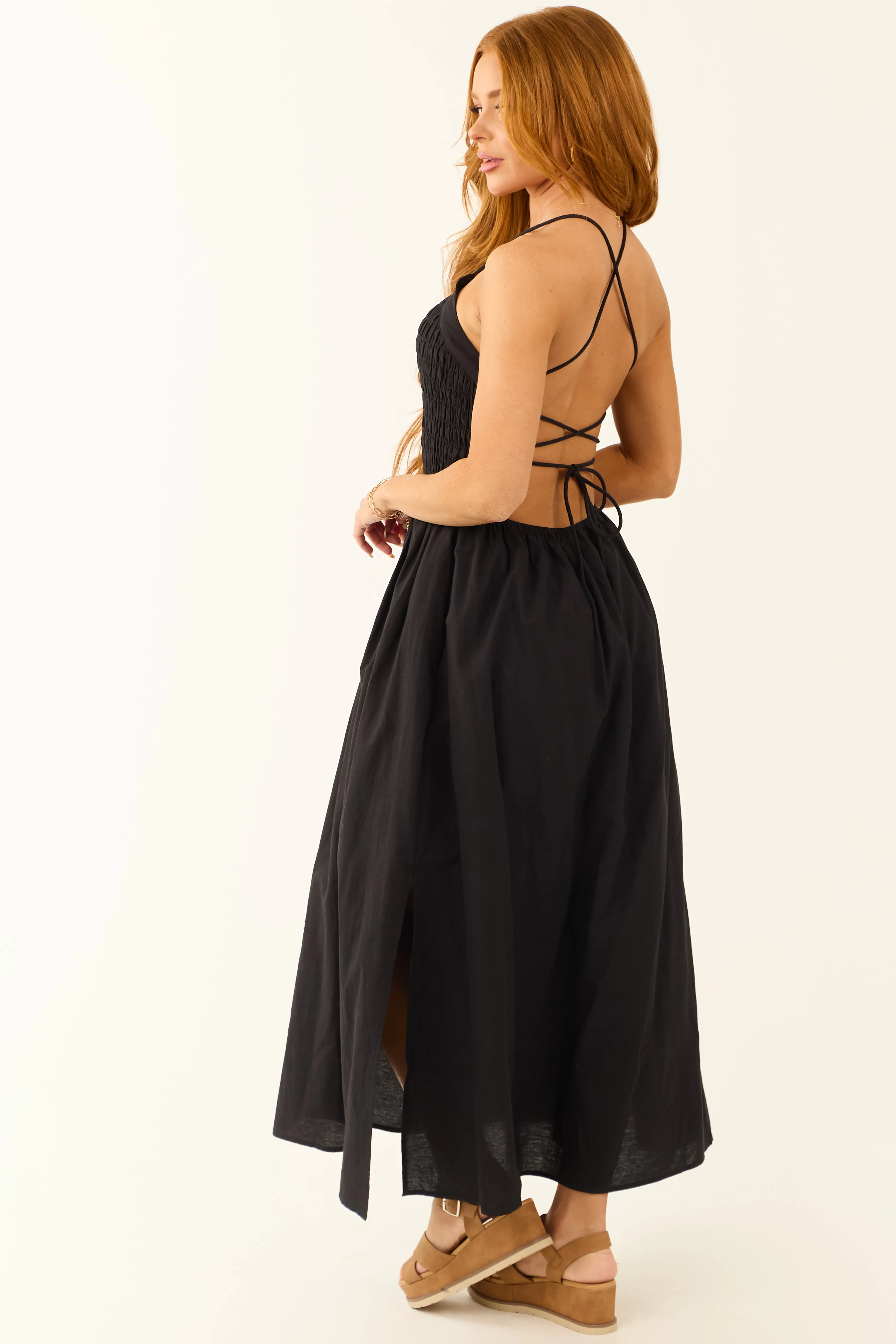 Black Open Tie Back Spaghetti Strap Maxi Dress bright hue