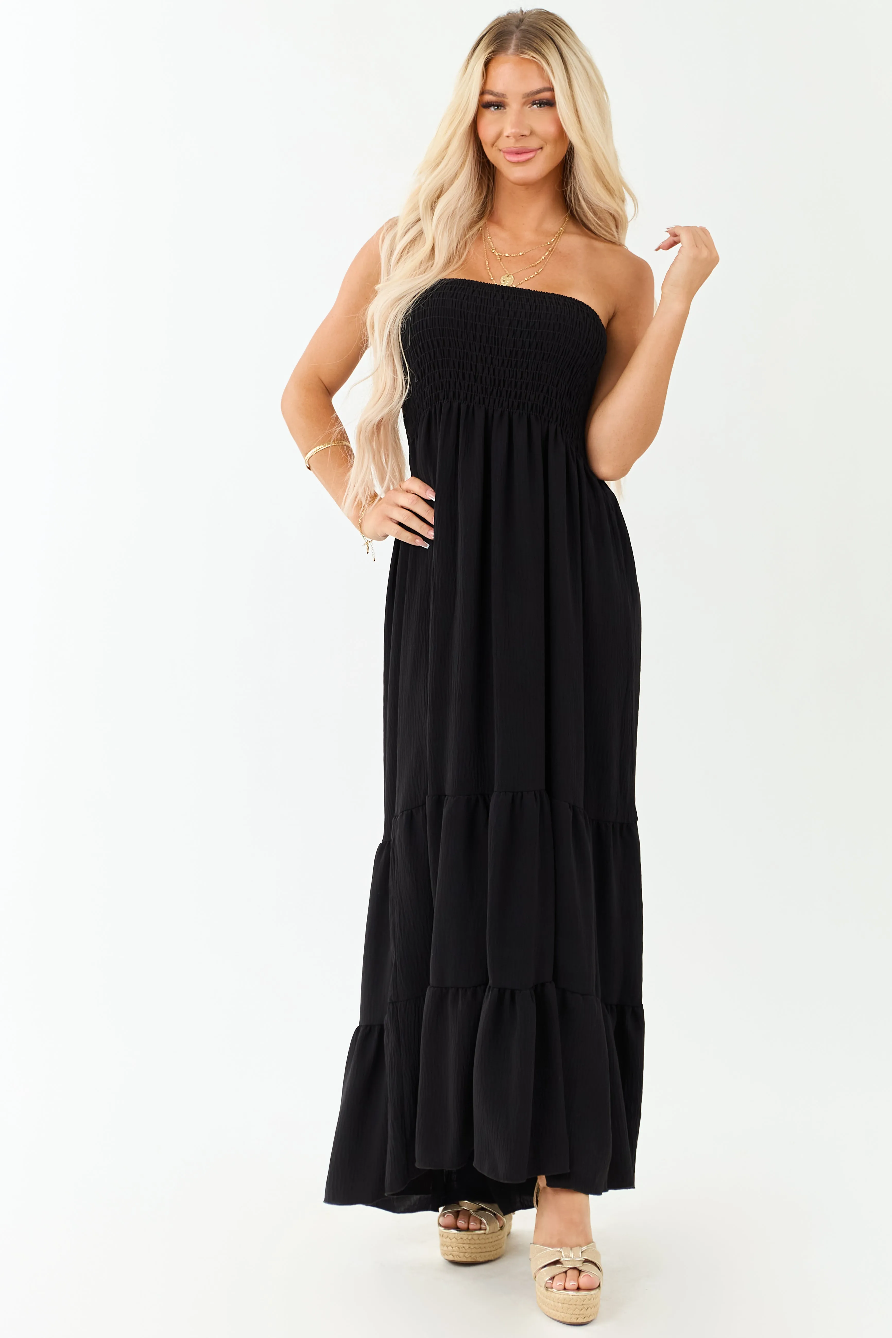 Black Smocked Tiered Strapless Maxi Dress wedding attire