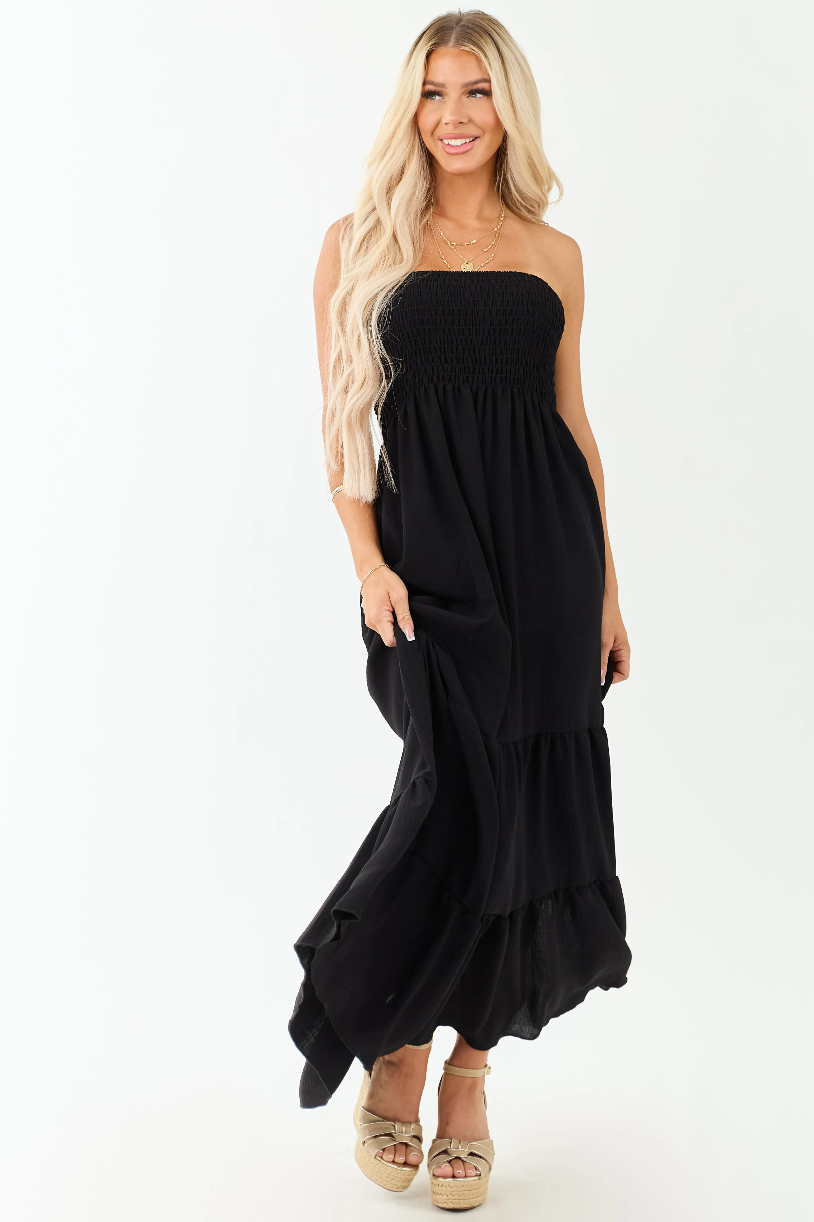 Black Smocked Tiered Strapless Maxi Dress wedding attire