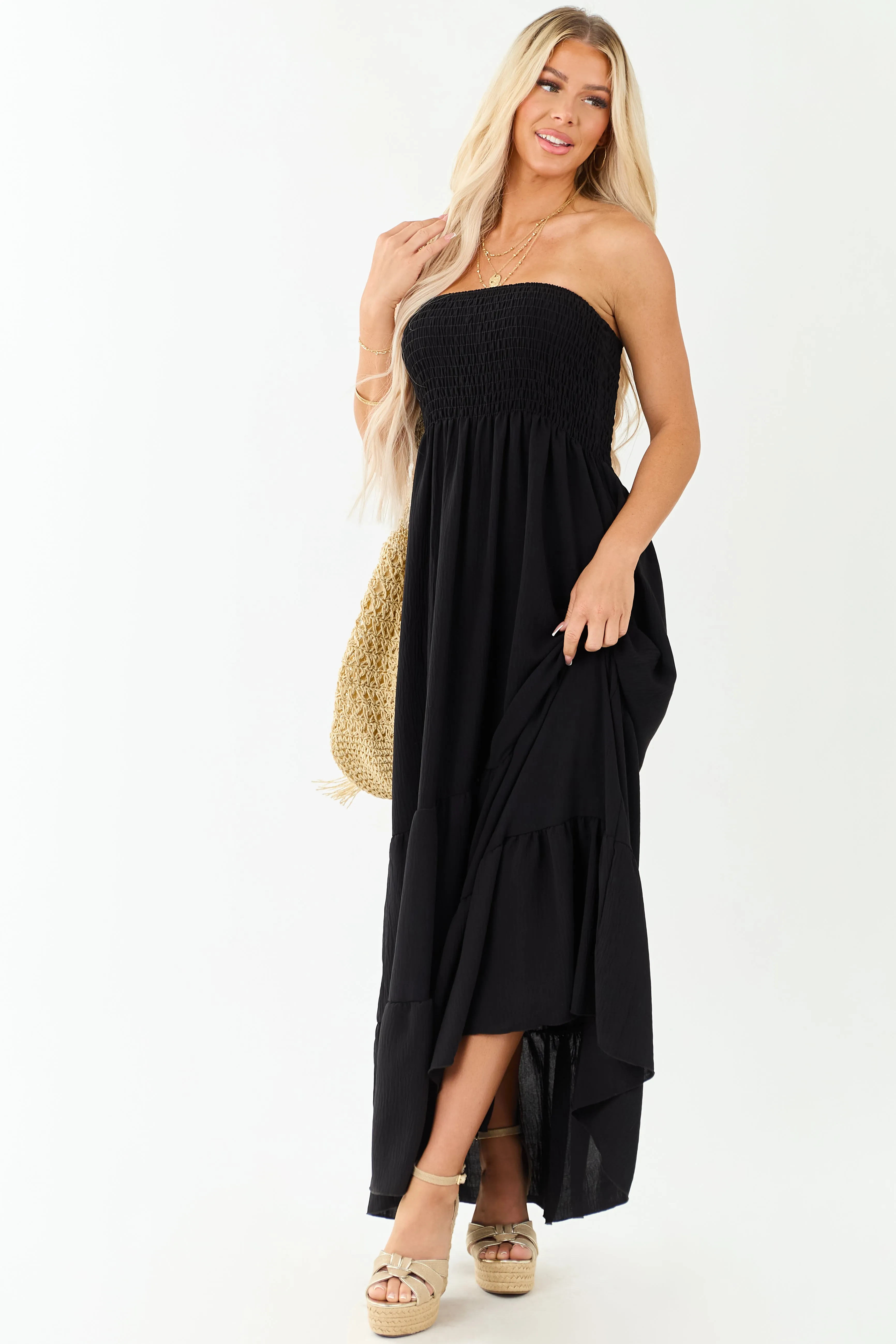 Black Smocked Tiered Strapless Maxi Dress wedding attire