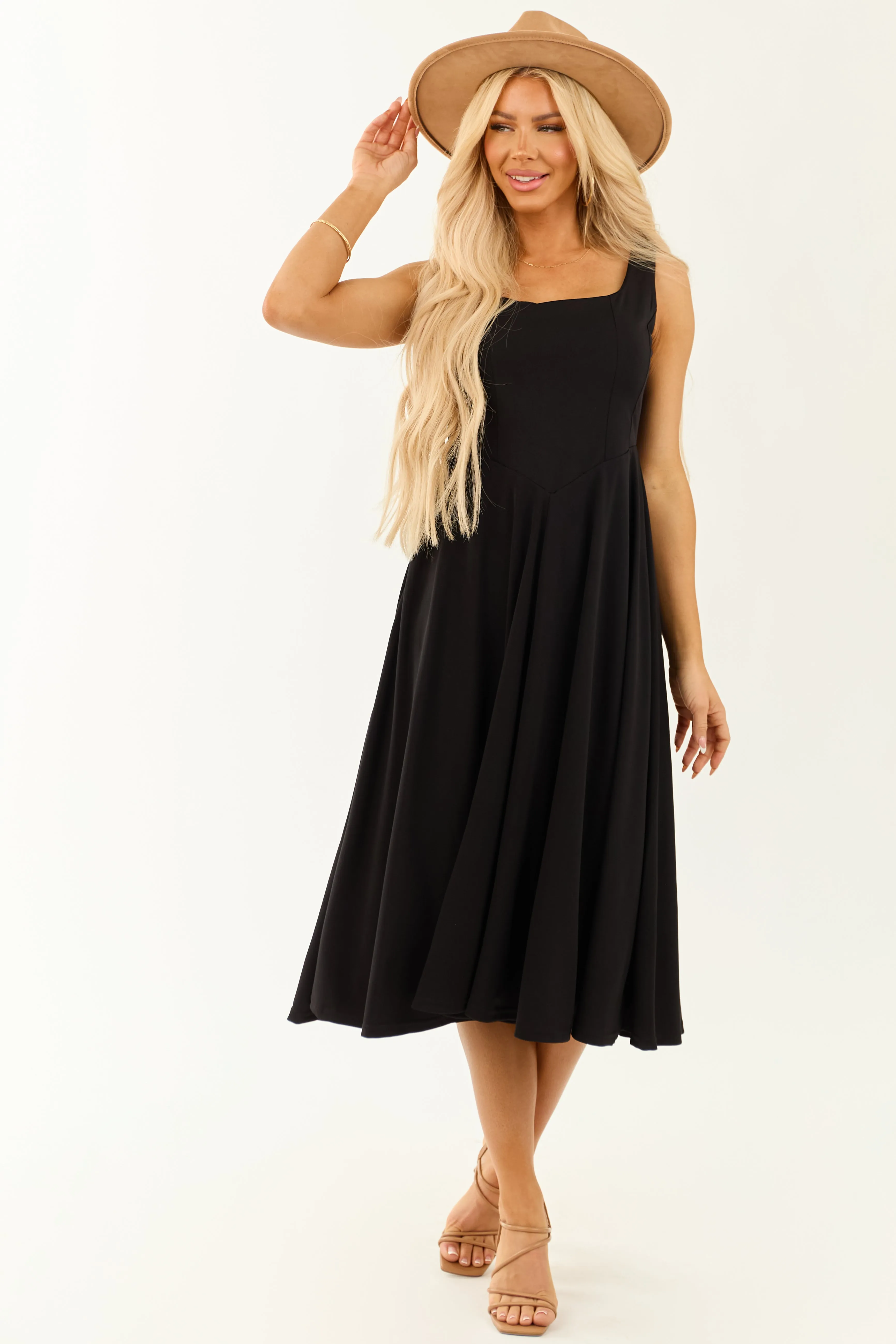Black Square Neckline Sleeveless Midi Dress homecoming dress