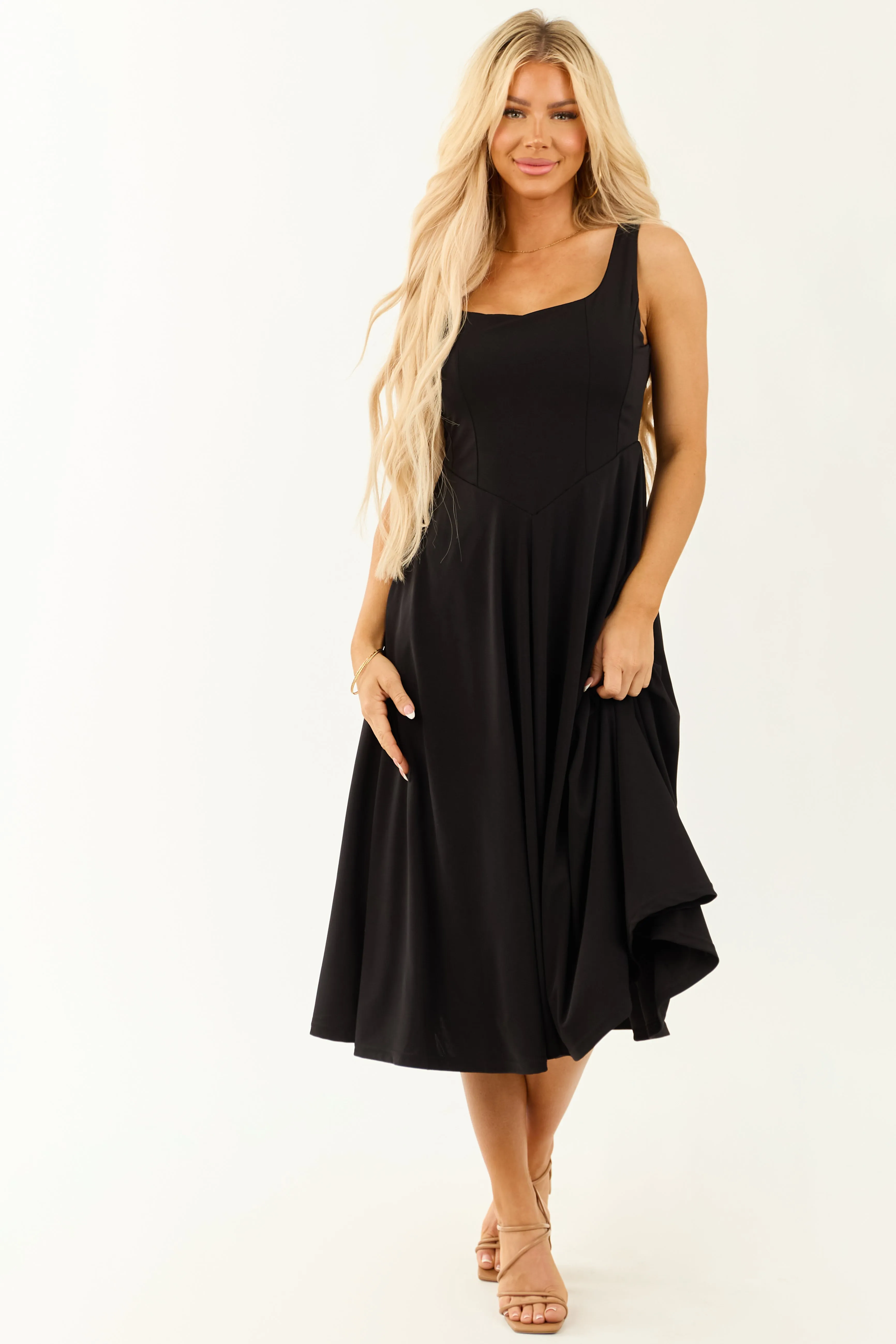 Black Square Neckline Sleeveless Midi Dress homecoming dress