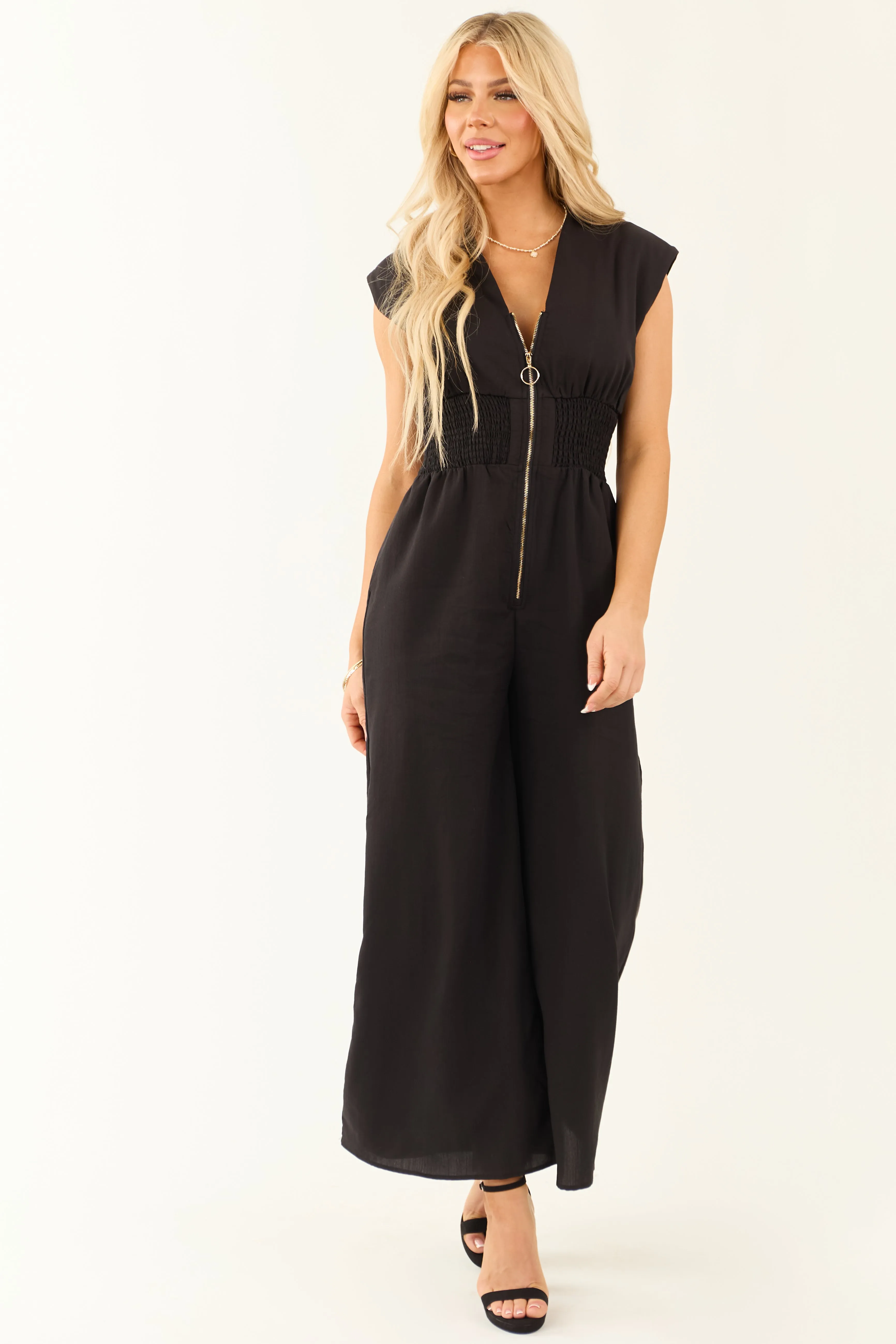 Black Zip Up Smocked Waist Wide Leg Jumpsuit empire waist