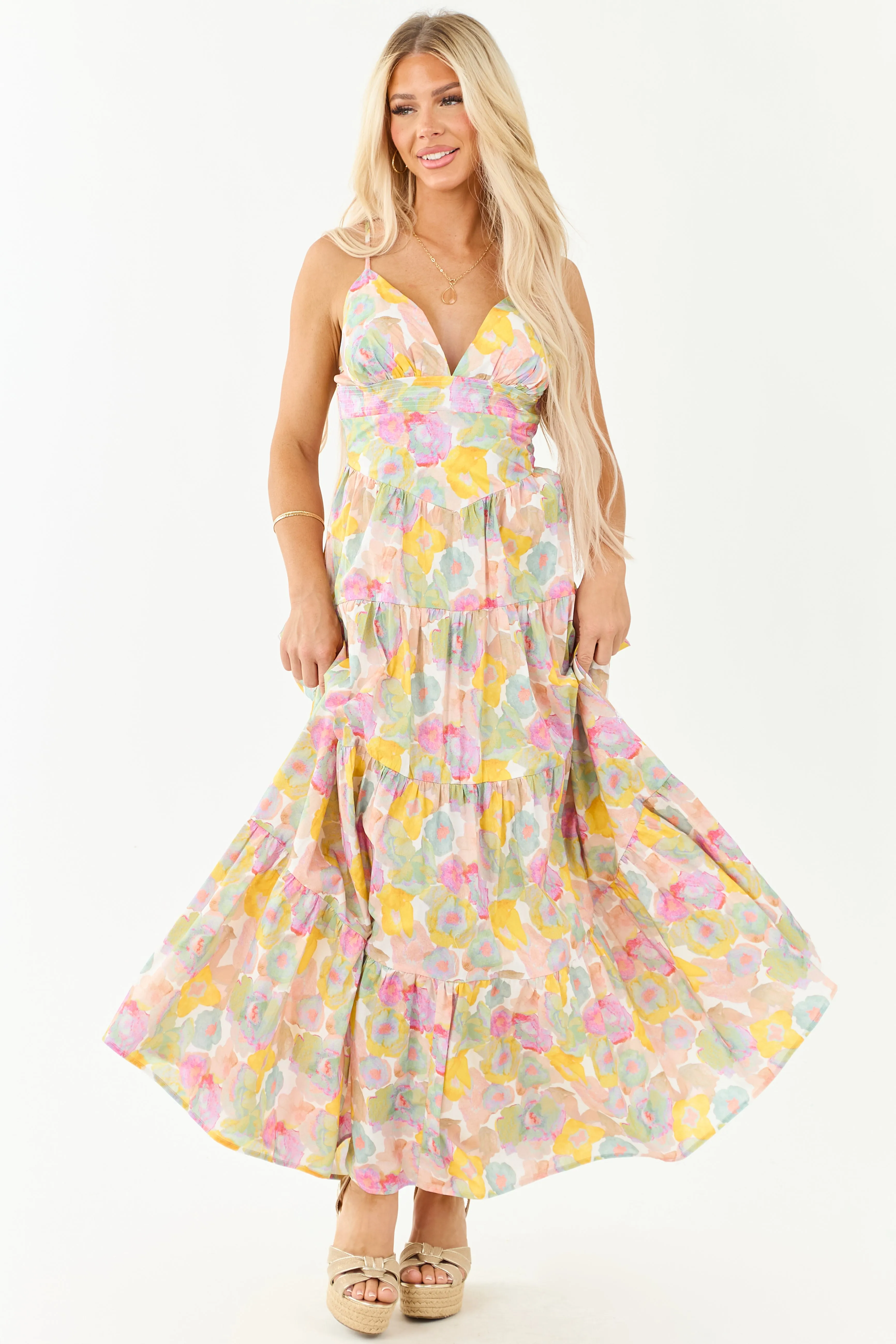 Blush Floral Print Sleeveless Cotton Maxi Dress neutral tone