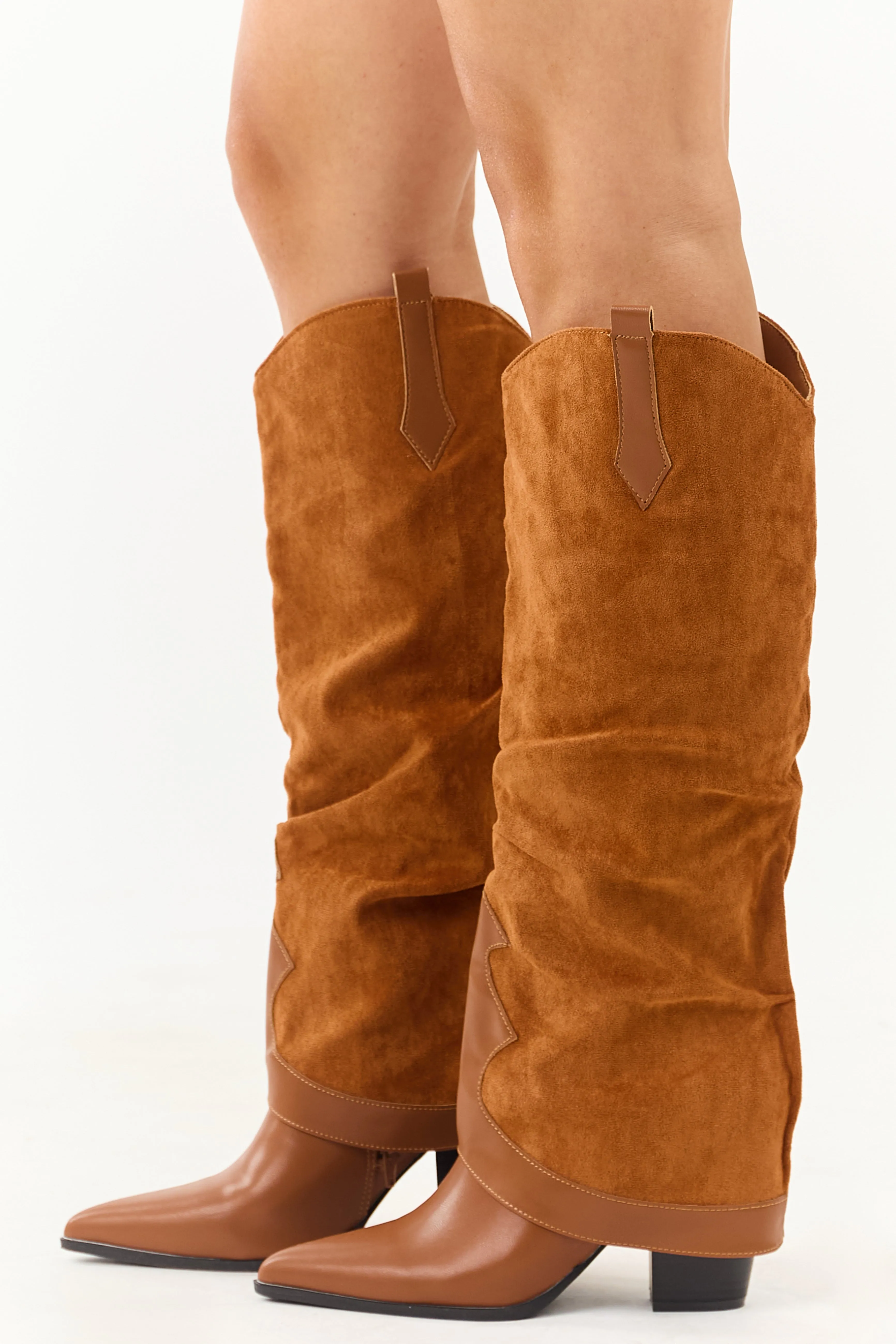 Caramel Faux Suede Overlay Knee High Cowboy Boots rainy park