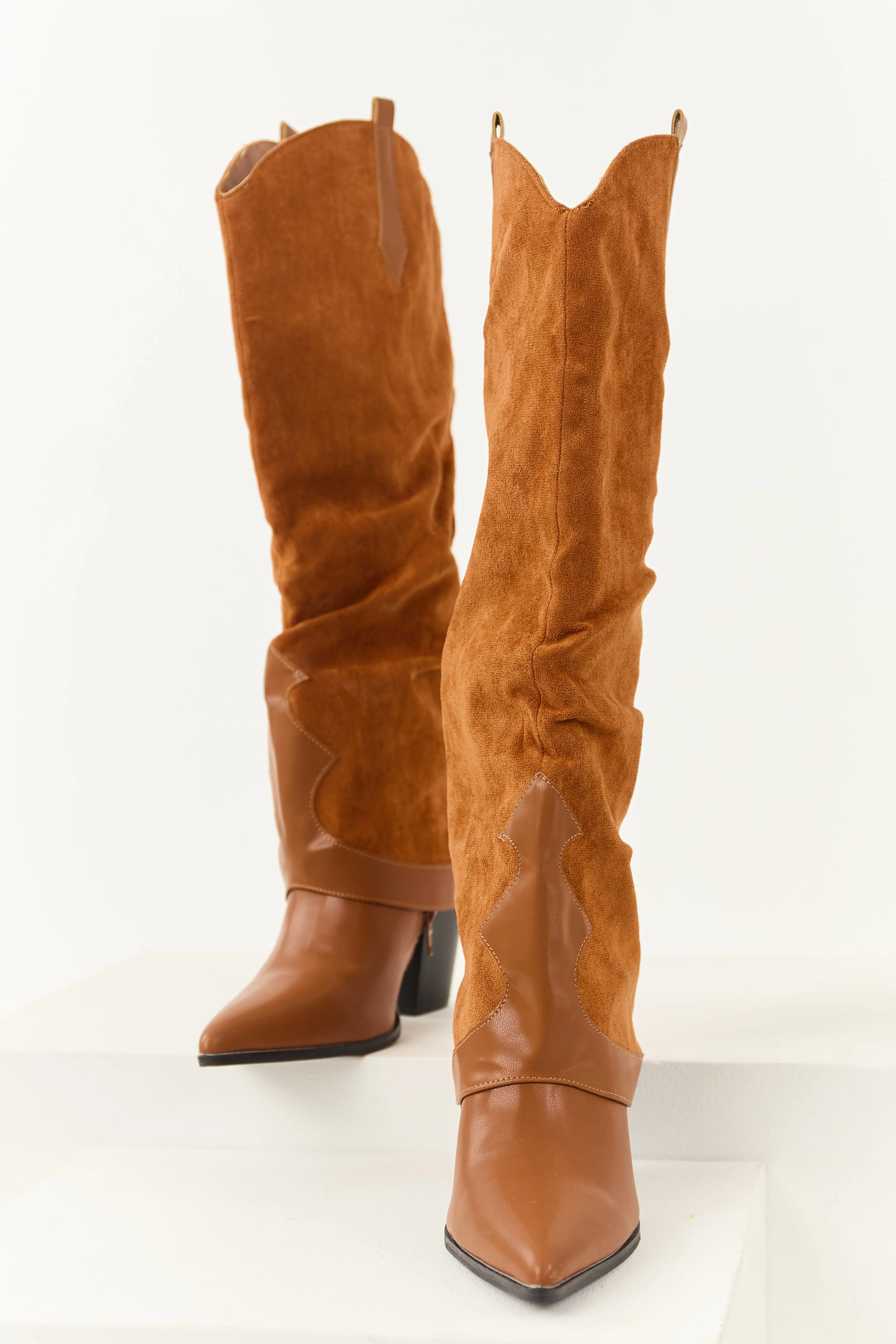 Caramel Faux Suede Overlay Knee High Cowboy Boots rainy park