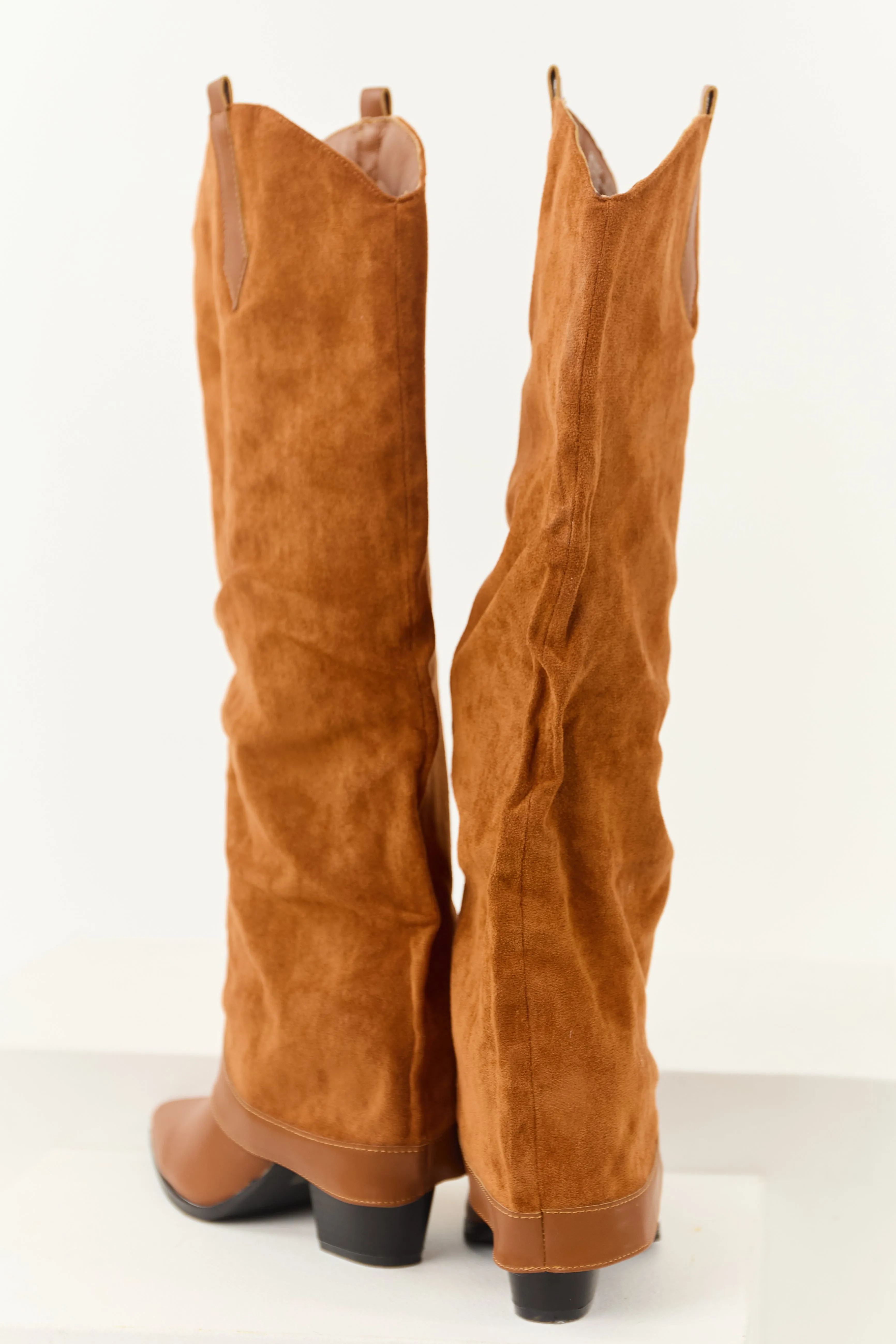 Caramel Faux Suede Overlay Knee High Cowboy Boots rainy park