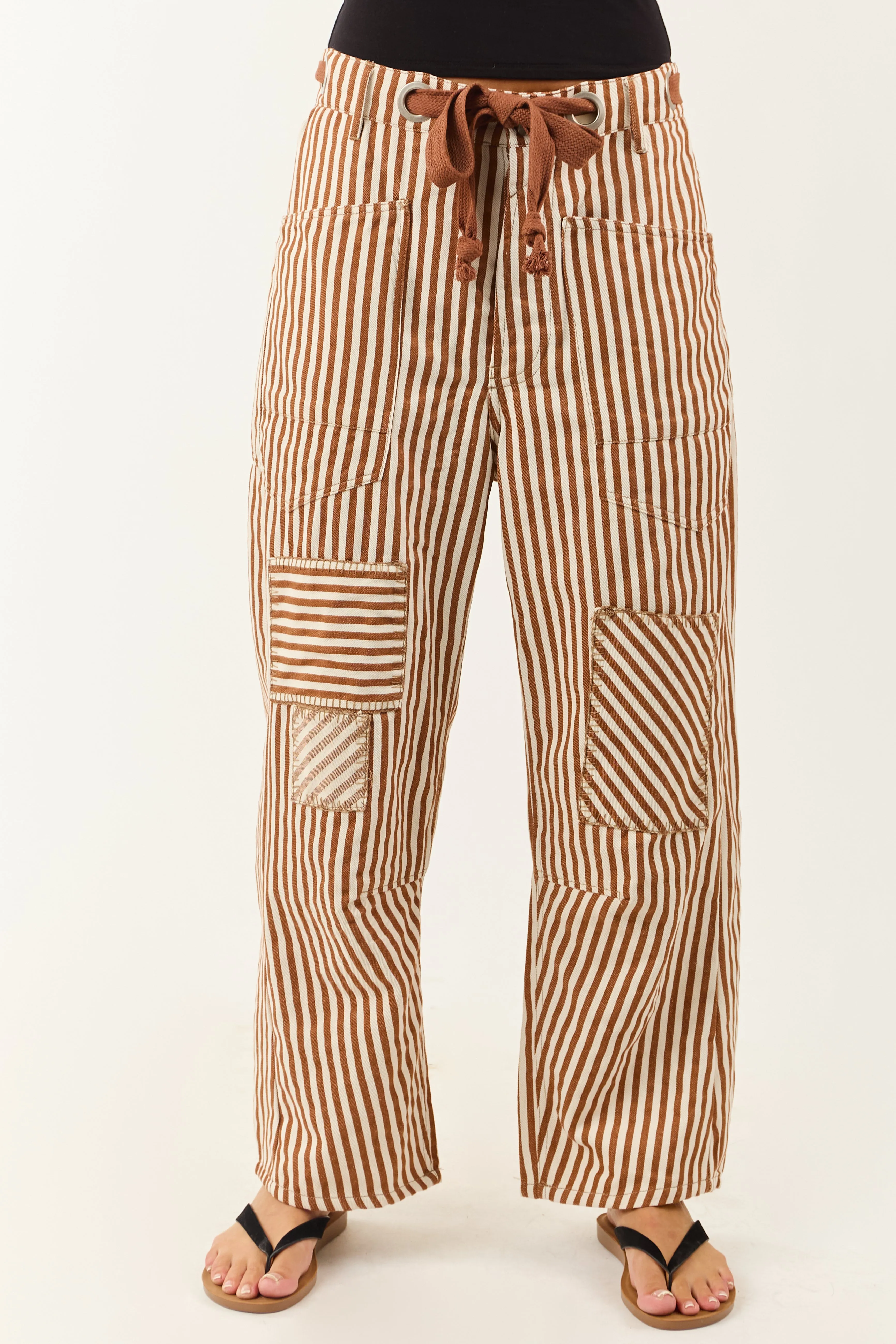 Caramel Railroad Striped Patchwork Barrel Pants free stretch