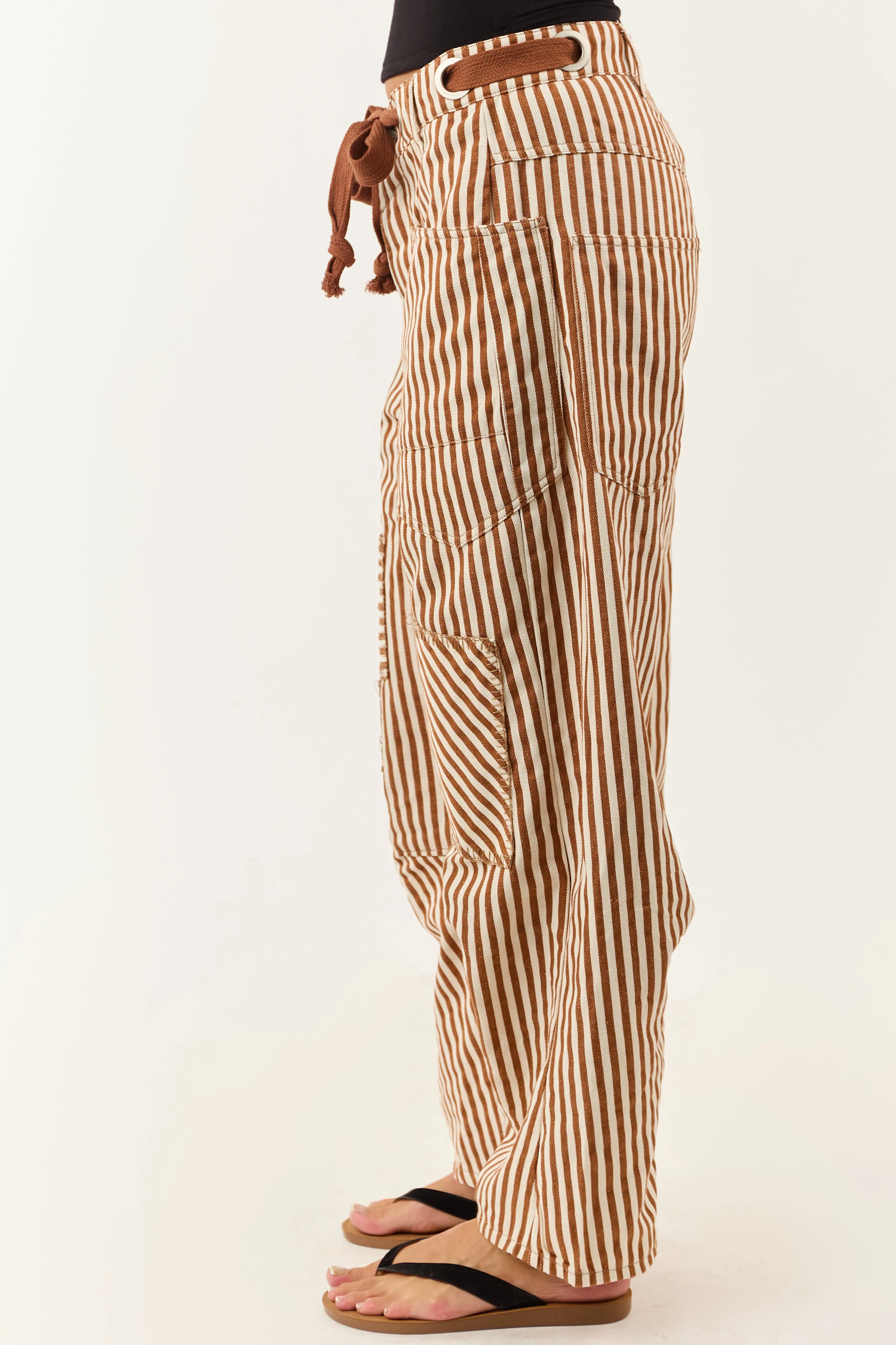 Caramel Railroad Striped Patchwork Barrel Pants free stretch