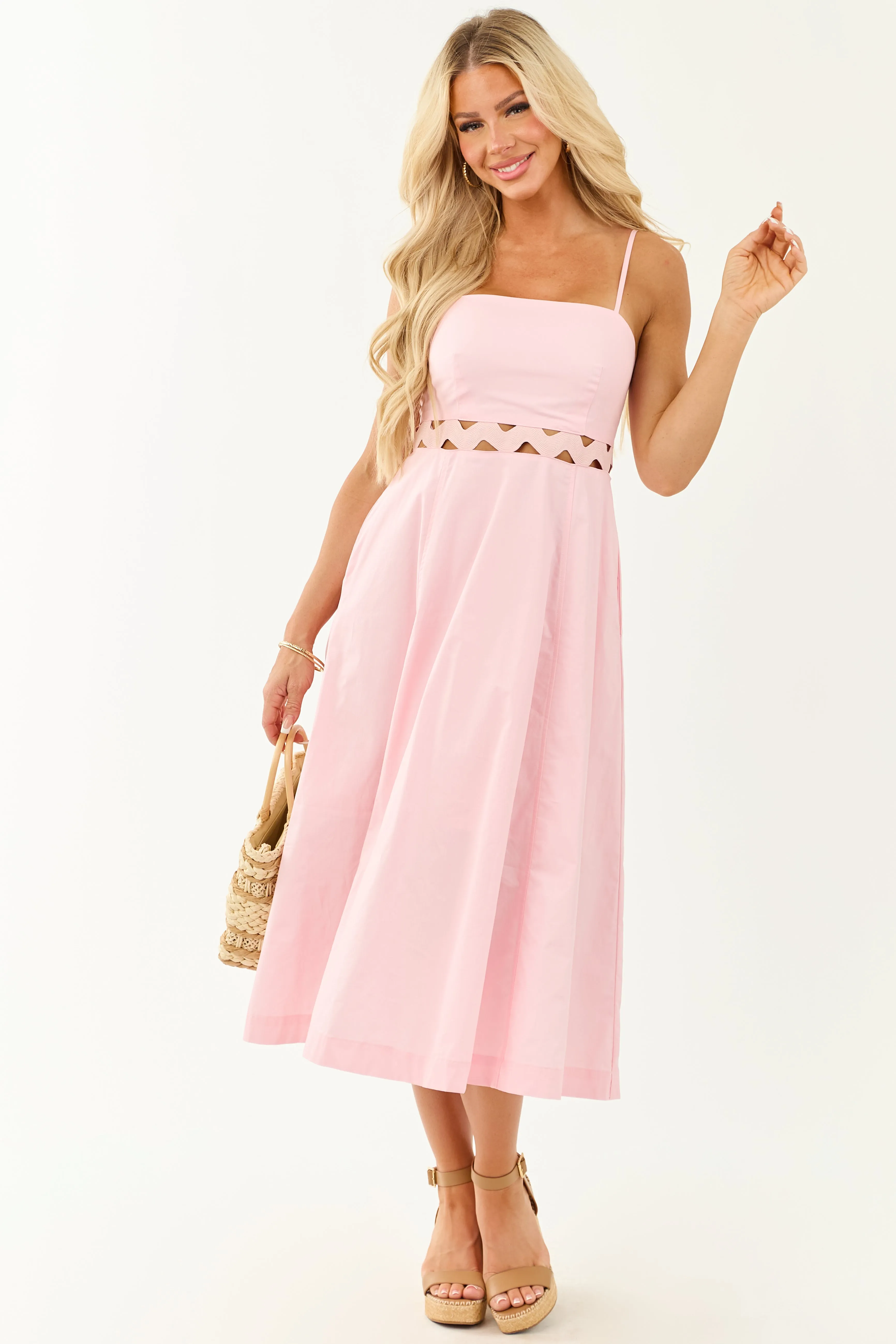 Carnation Rickrack Cutout Waist Cotton Midi Dress denim dress