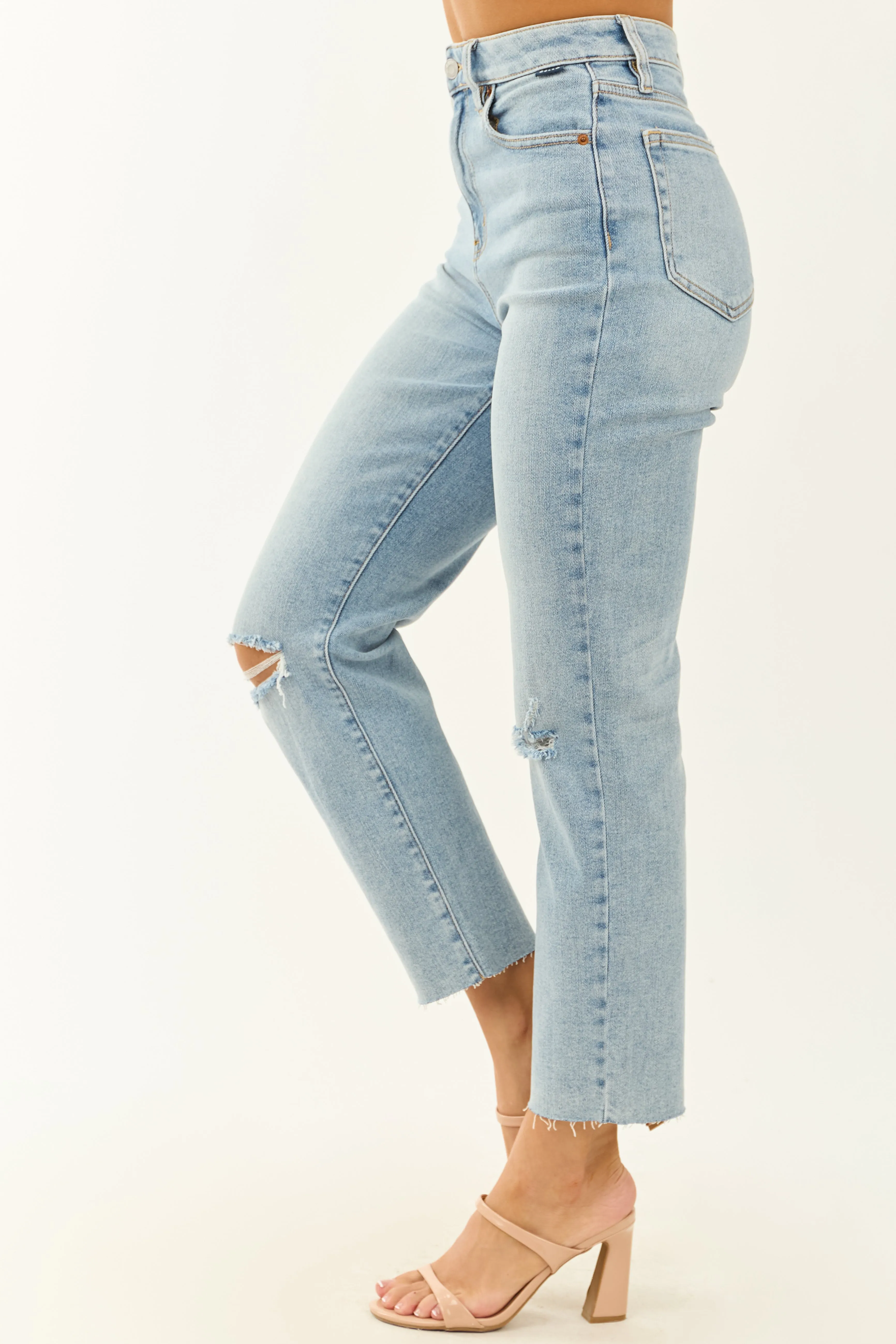 Cello Light Wash Stretchy Distressed Straight Jeans urban trend