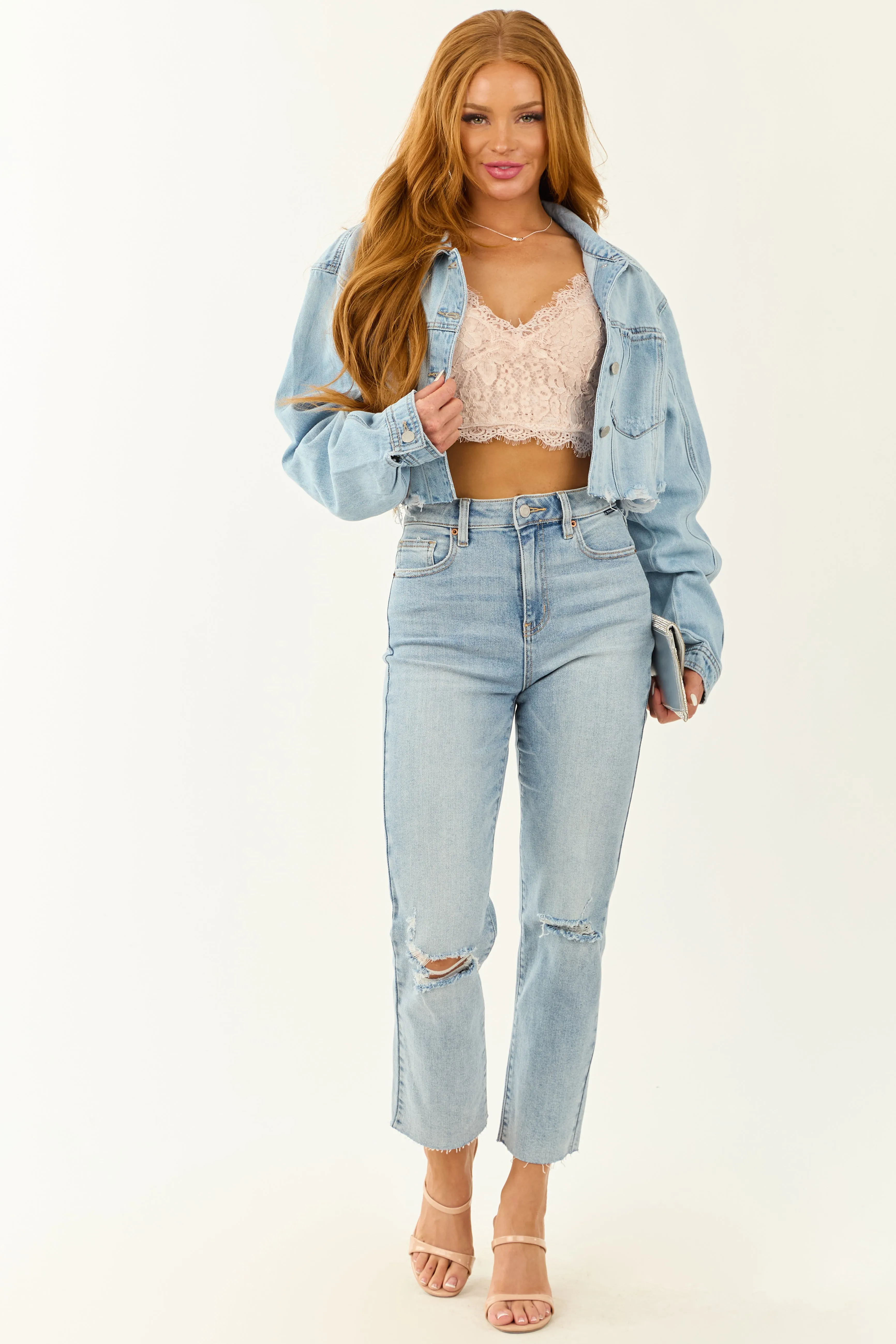 Cello Light Wash Stretchy Distressed Straight Jeans urban trend