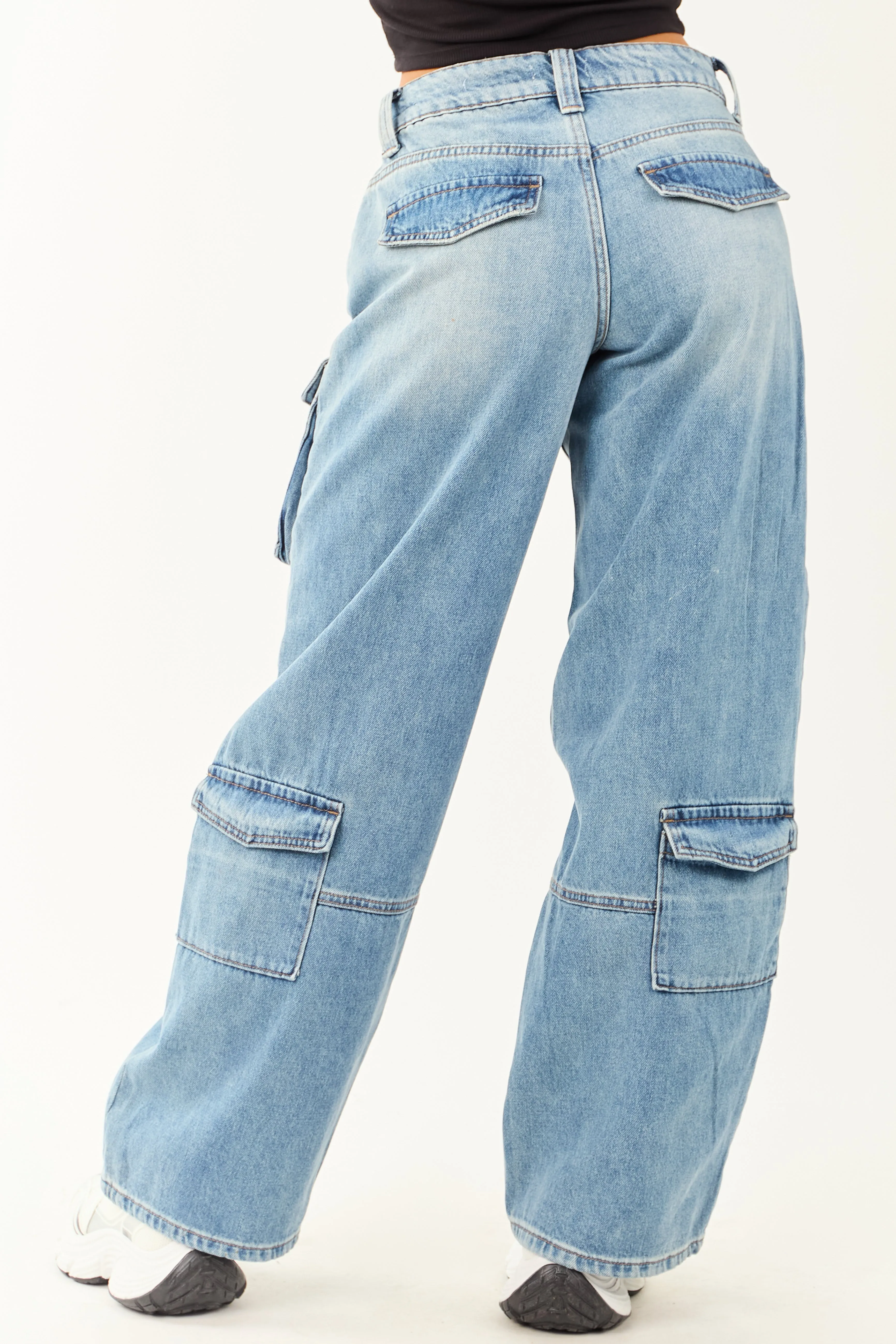 Cello Medium Wash High Rise Distressed Cargo Jeans elastic fit