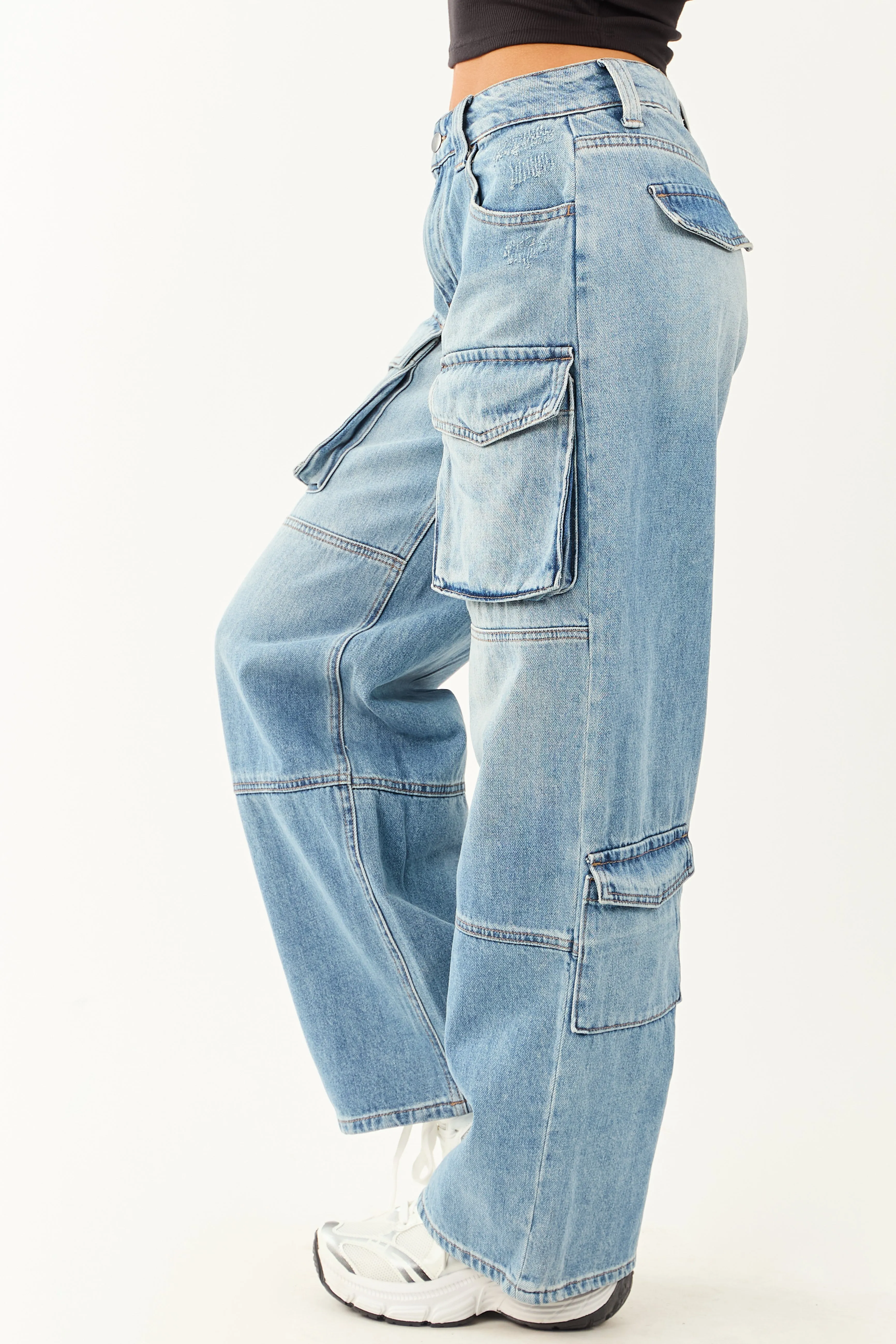 Cello Medium Wash High Rise Distressed Cargo Jeans elastic fit