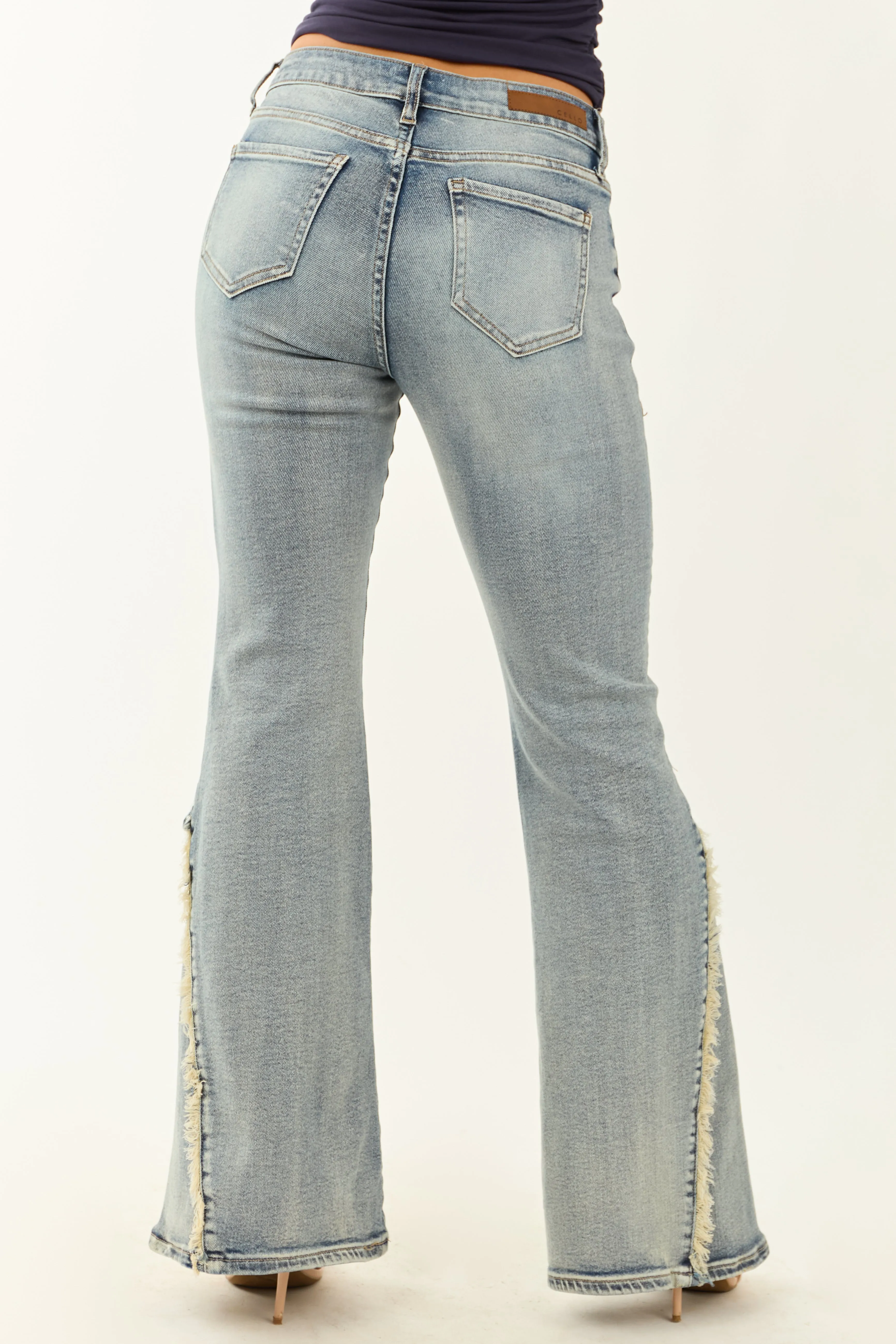 Cello Vintage Wash Stretchy Frayed Seam Flare Jeans street style