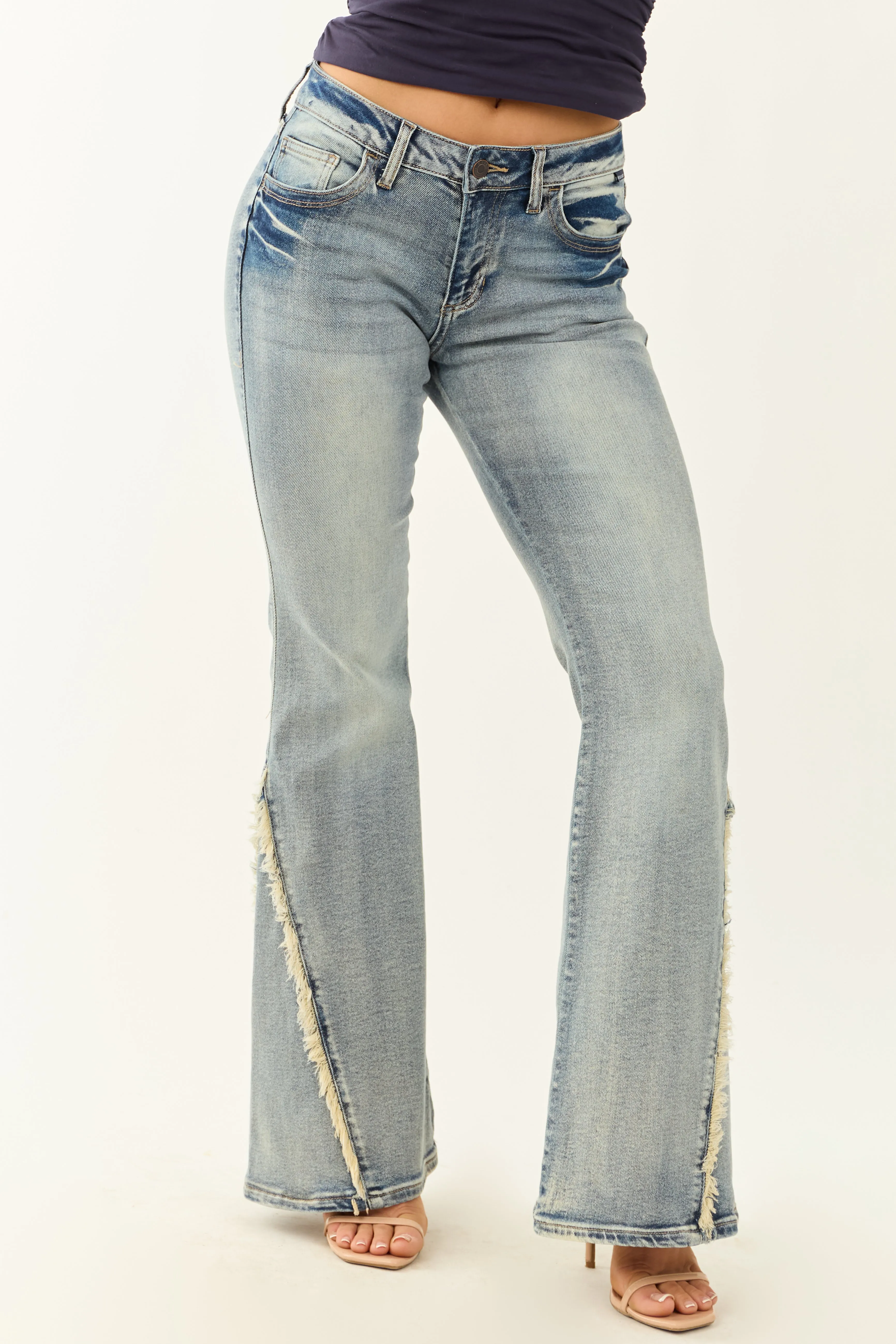 Cello Vintage Wash Stretchy Frayed Seam Flare Jeans street style