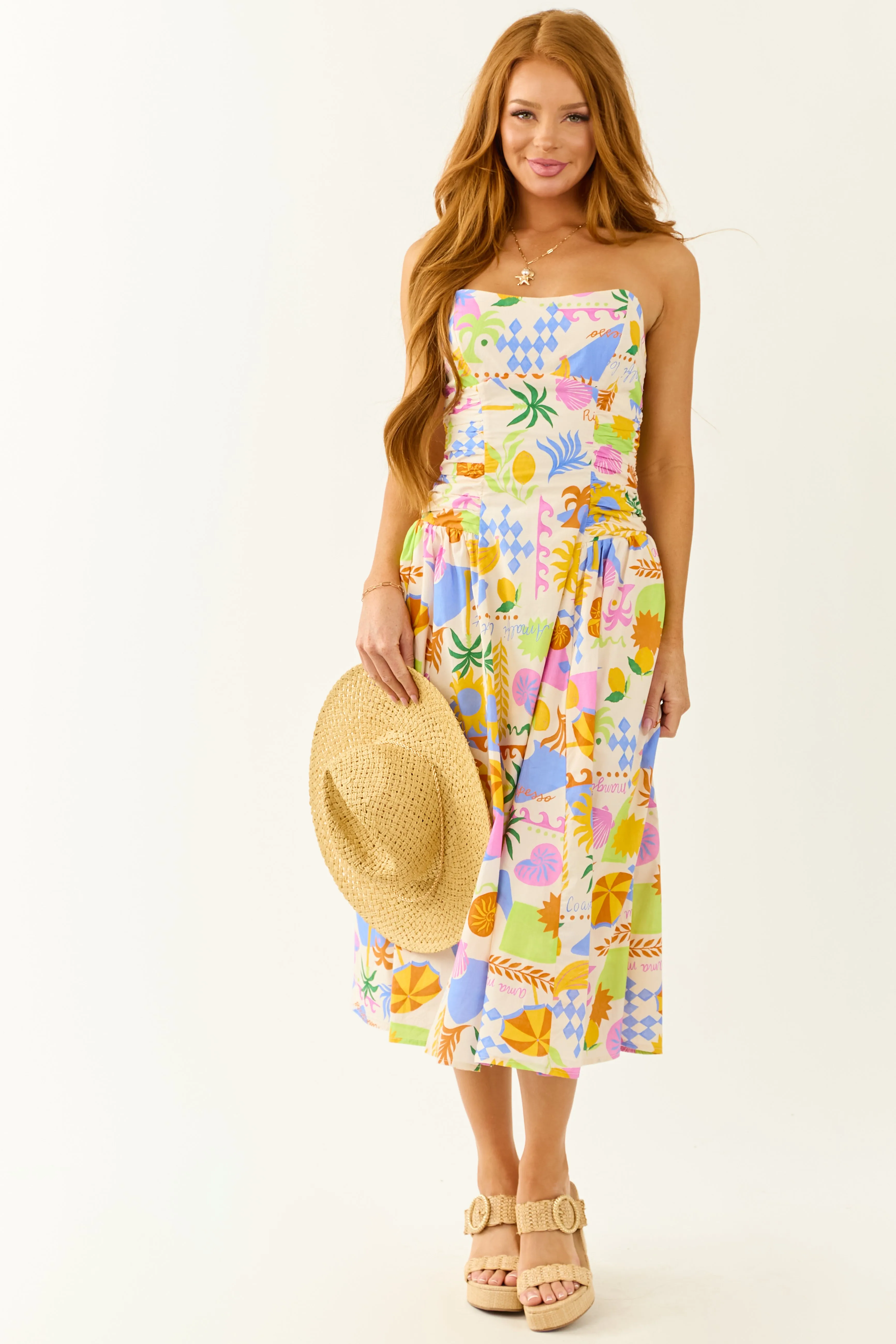 Champagne Abstract Print Strapless Cotton Midi Dress slip dress