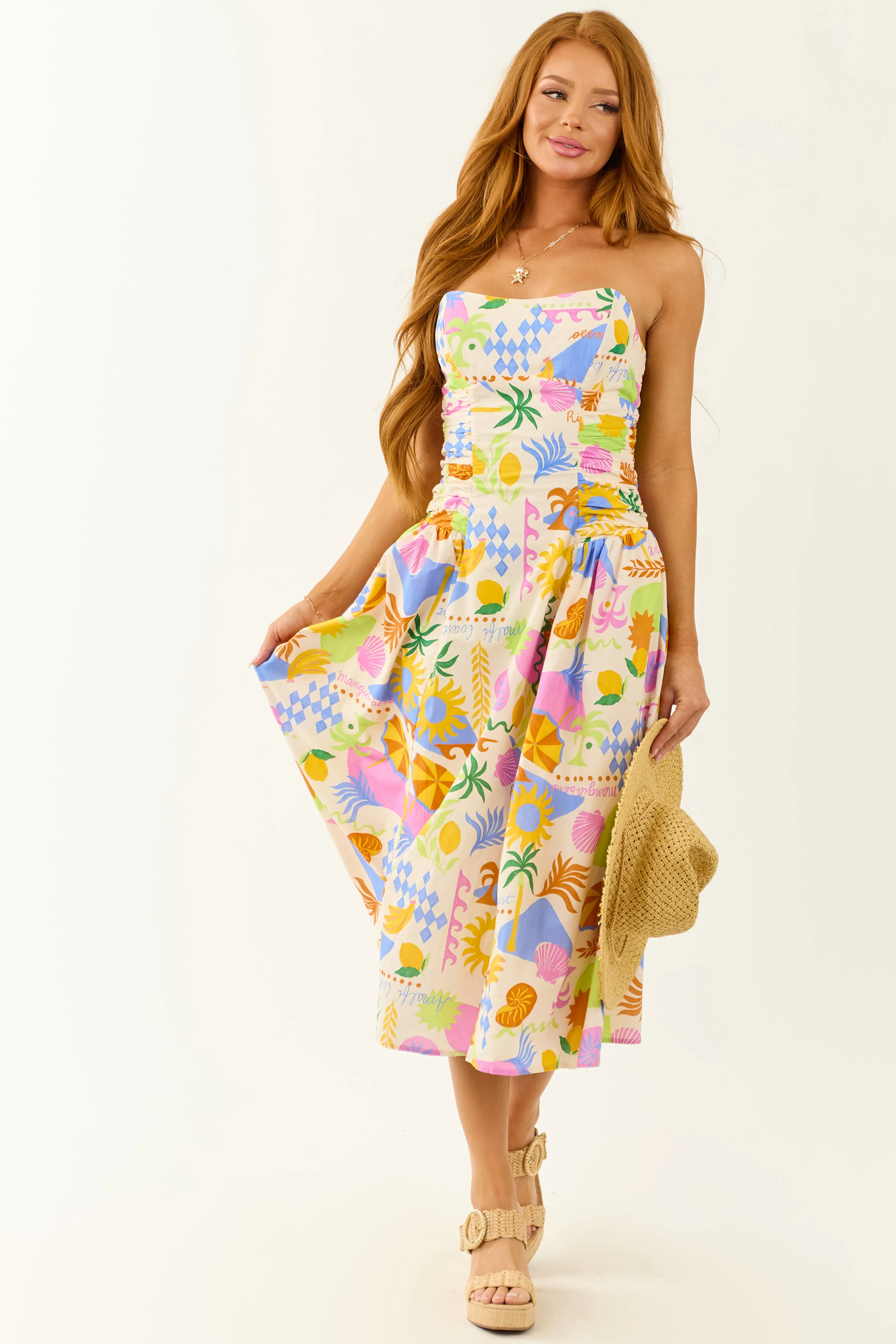 Champagne Abstract Print Strapless Cotton Midi Dress slip dress