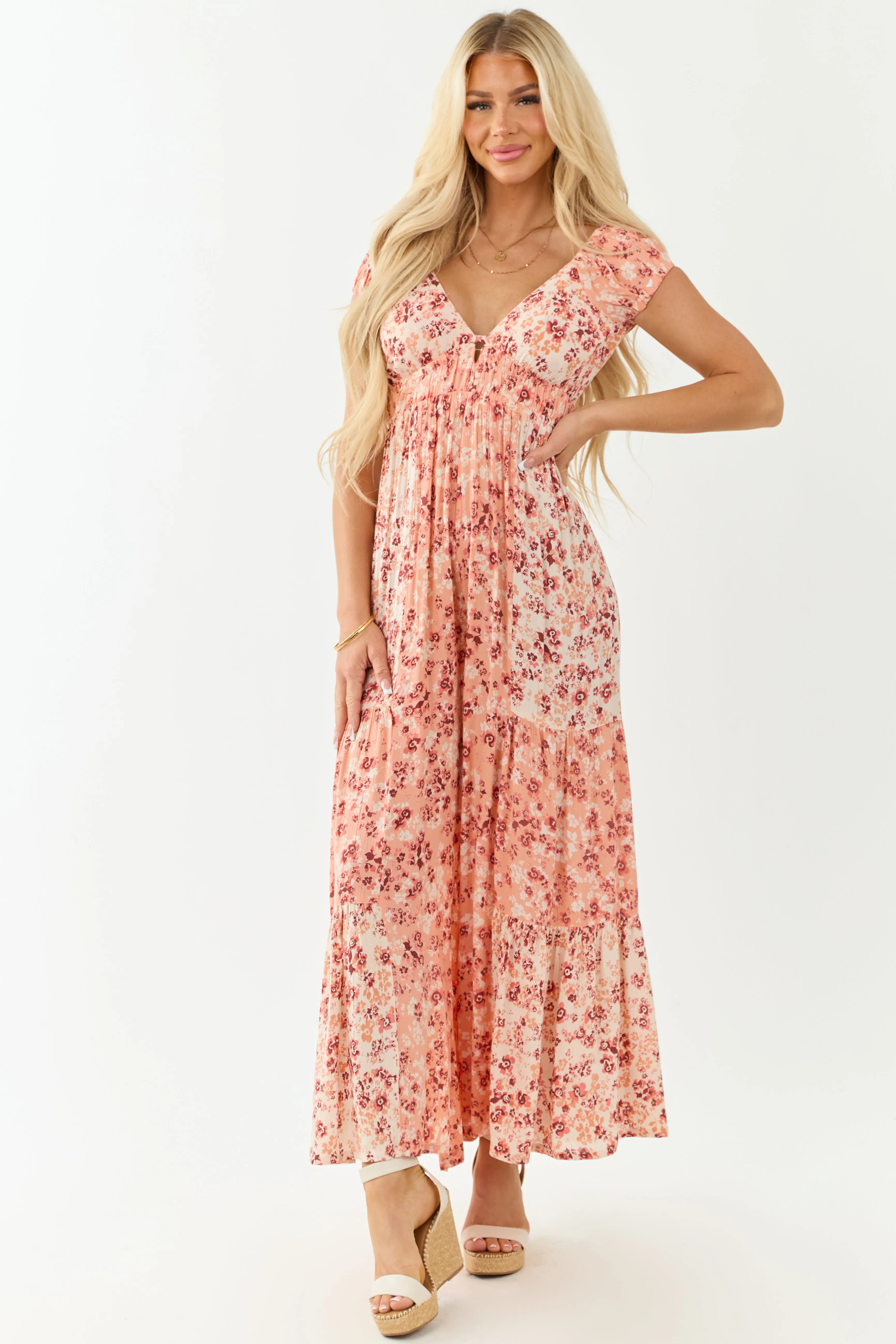 Champagne Floral Print Tiered Open Back Jumpsuit glamorous look