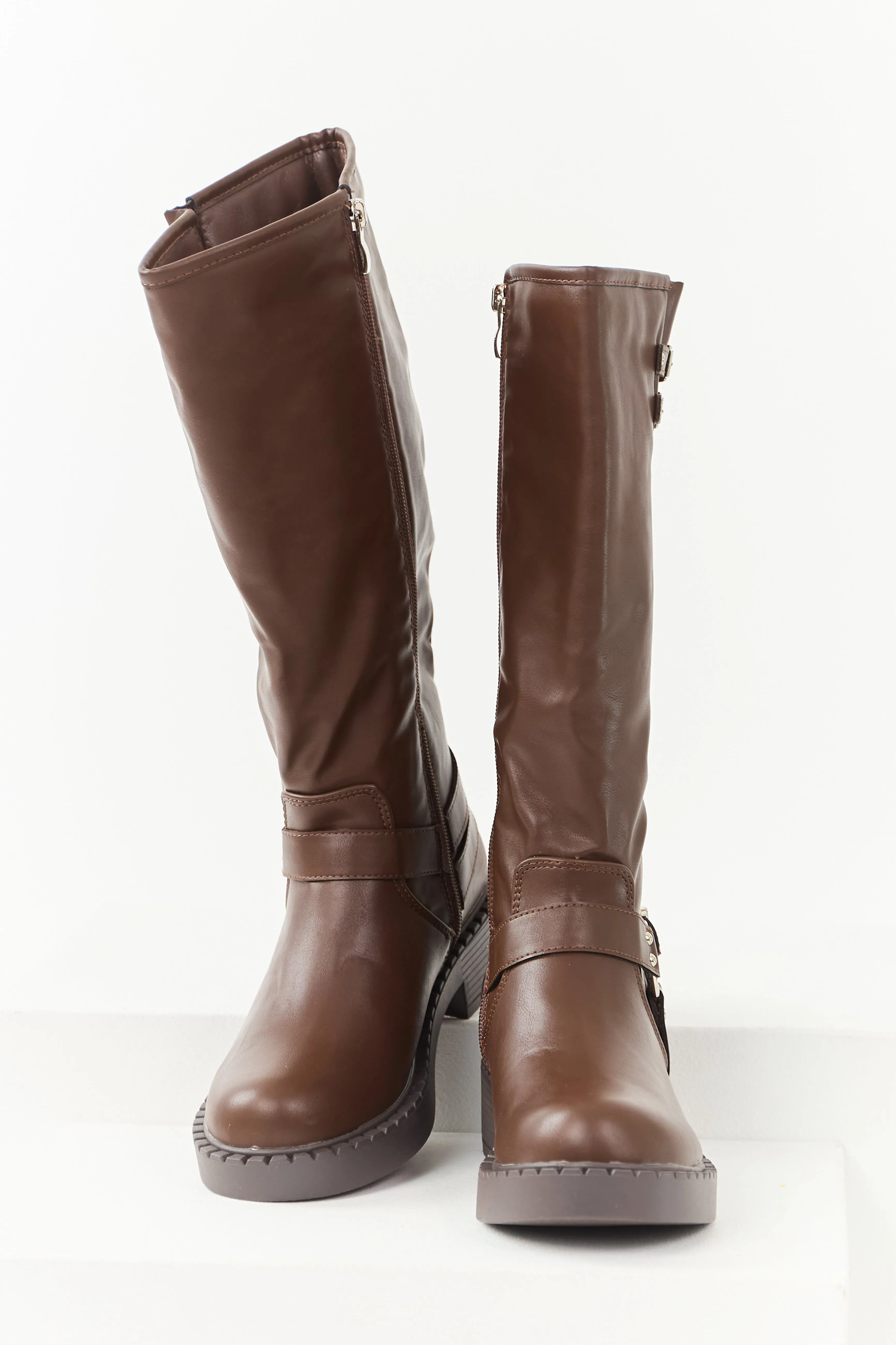 Chocolate Faux Leather Buckle Detail Tall Boots timeless step