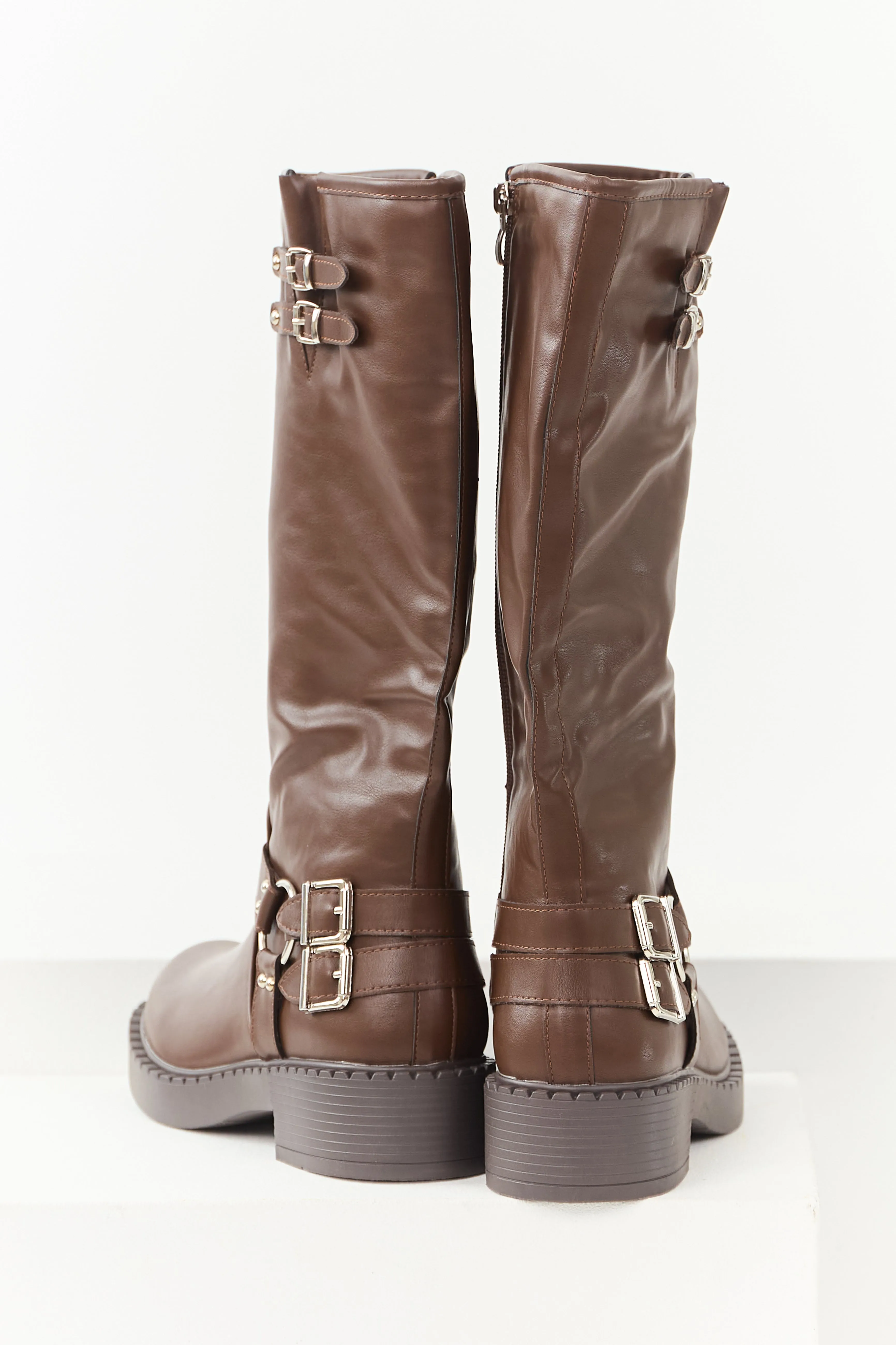 Chocolate Faux Leather Buckle Detail Tall Boots timeless step