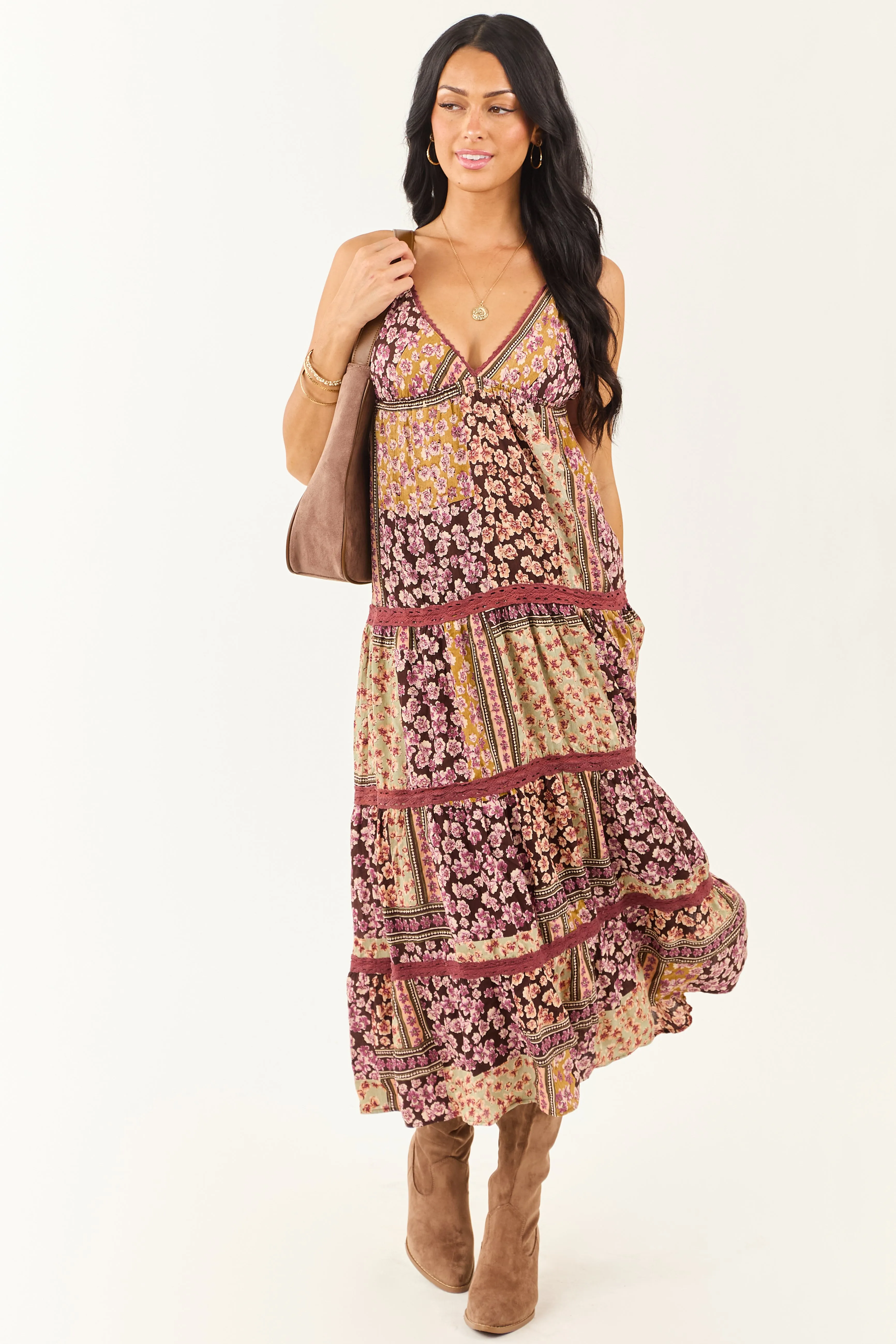 Cocoa Boho Patchwork Floral Babydoll Midi Dress tailored fit