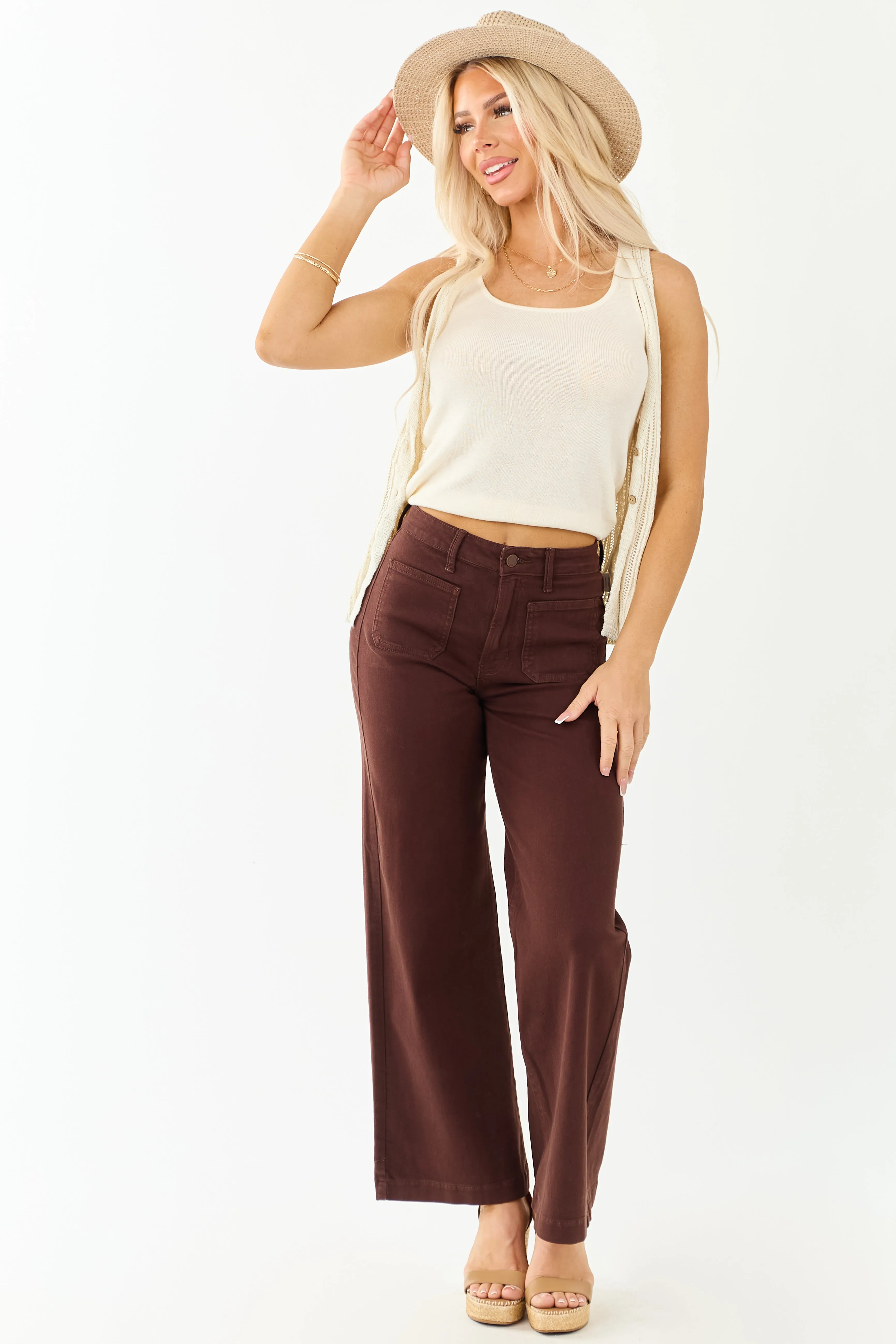 Cocoa High Rise Patch Pocket Stretchy Wide Leg Jeans breathable wear